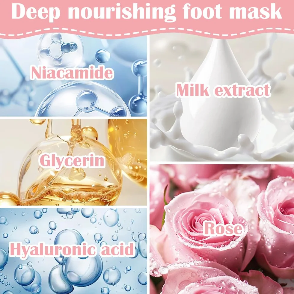 Masque Pieds Peeling Exfoliant 4 Paires Saveur Rose, Chaussette Exfoliante Hydratante pour Callosités et Pieds Secs