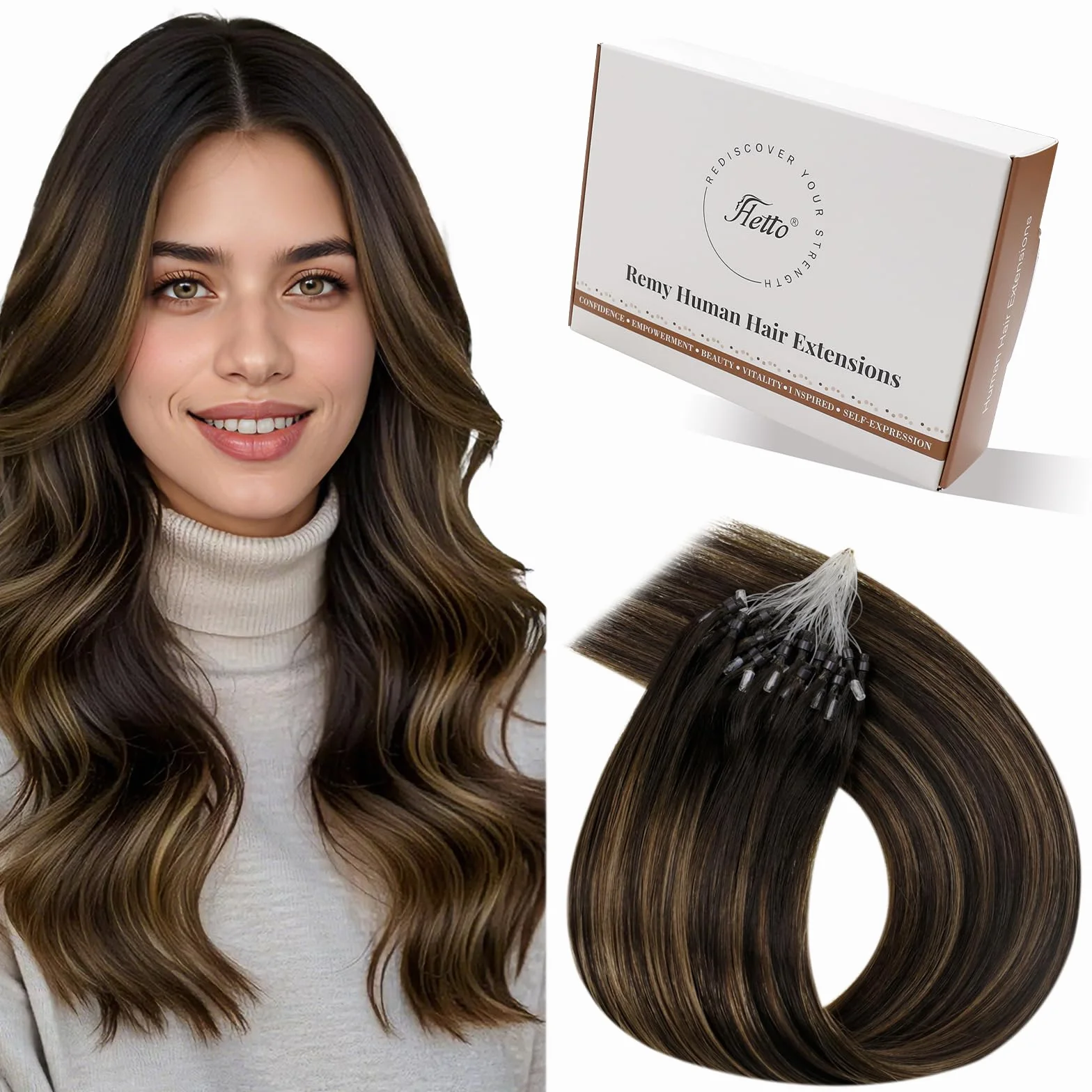 Hetto Extensions Cheveux Naturel a Froid – Balayage Brun Fonce & Brun Dore – Interieur Silicone Anti-Glisse – Invisible, Sans Colle Micro Ring Loop – Longueur & Volume 50 Meche 40g 30cm | 50 Mèches 50g 100% Remy Cheveux, Invisible Anneau Avec Silicone Ext