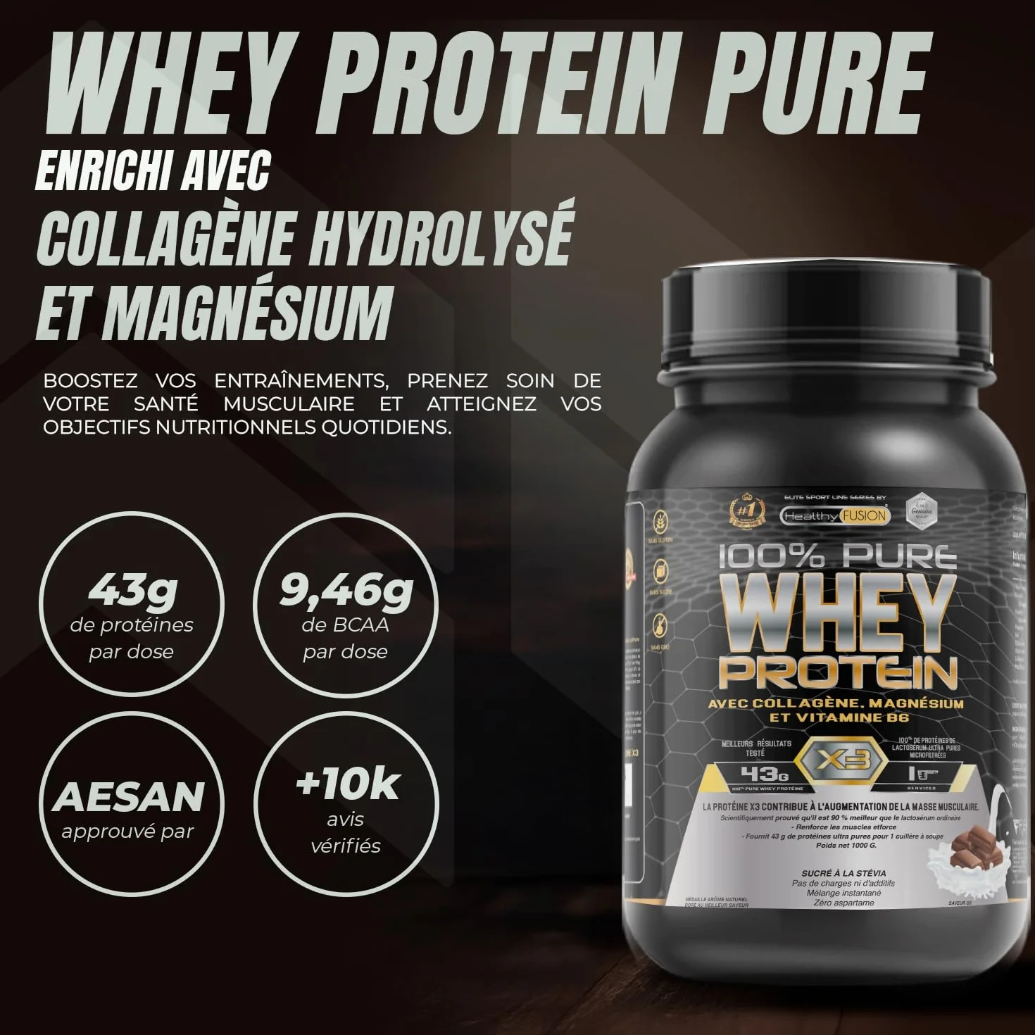 Healthy Fusion Whey Protein 43 g/dose Protéine Whee Pure avec Collagène Magnésium Vitamine B6 Chocolat 1kg