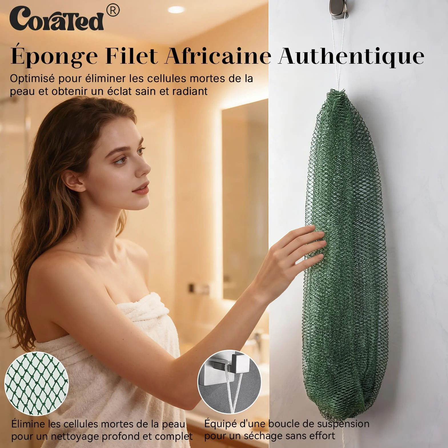 CORATED Filet à Bain Africain 2 Pièces, Eponge Exfoliante Corps, Gant Exfoliant Dos – Nettoyage Douche SPA (Lin et Marron)