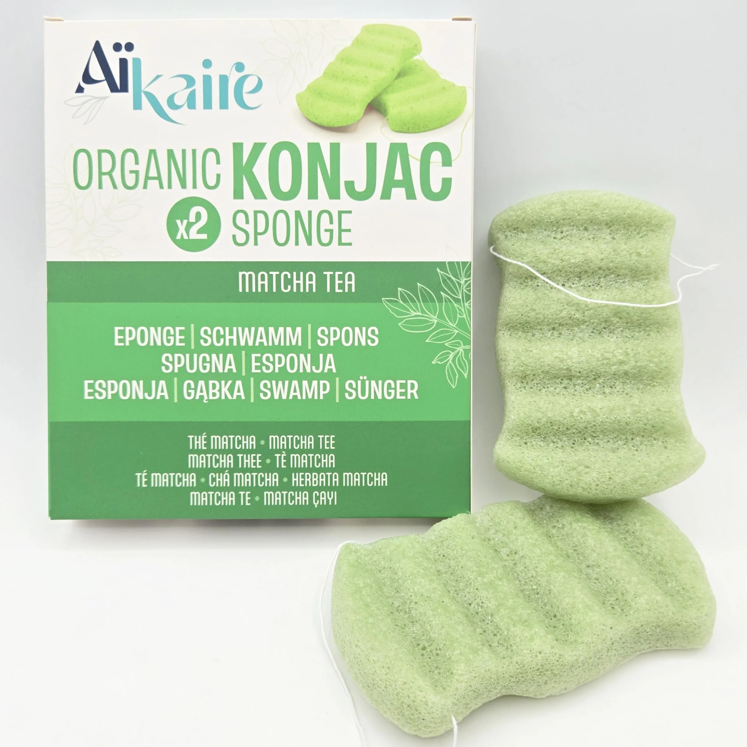 Eponge de Konjac Bio au Thé Vert pour le Corps - Lot de 2 - Exfoliante Végétale Naturelle