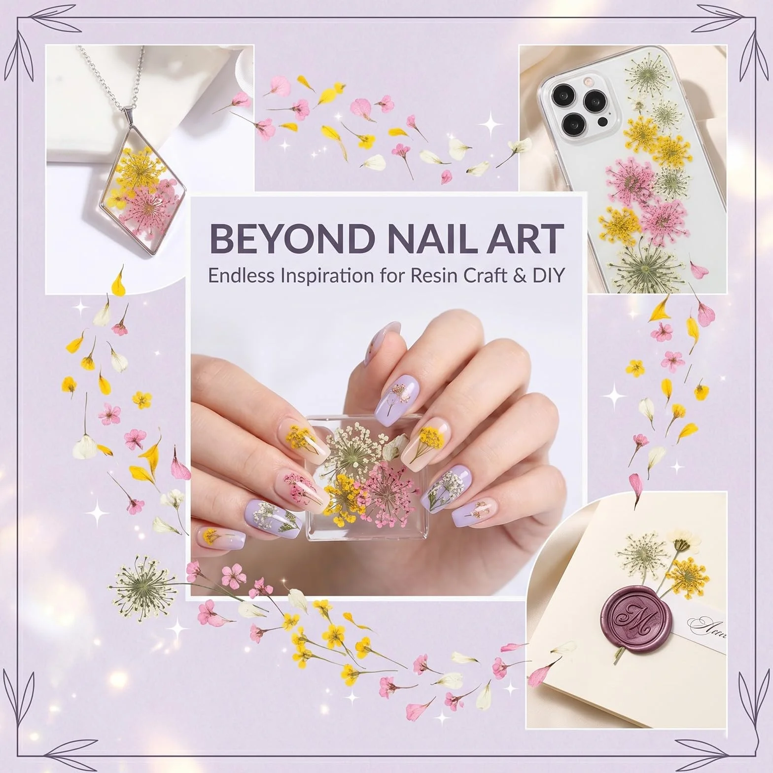Fleurs Séchées Ongles 3 Pièces Nail Art Décoration Naturelle Blanc Jaune Rose Accessoires Manucure DIY Résine