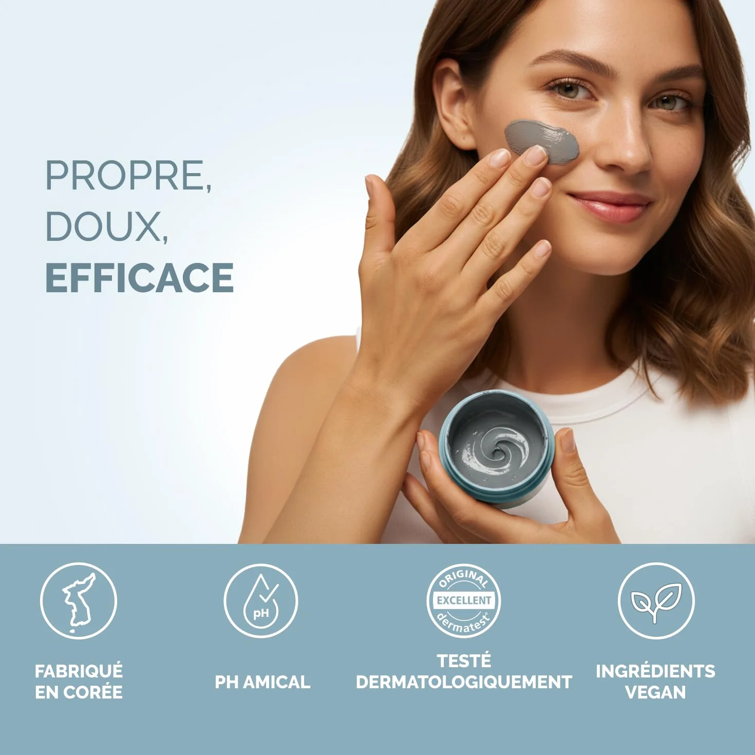 PLANTIFIQUE Masque Coréen à l'Argile Volcanique et Mer Morte – Masque Visage avec Charbon, Acide Hyaluronique, Huile de Jojoba et Beurre de Karité – Purifie, Affine les Pores, Hydrate et Apaise, 110g