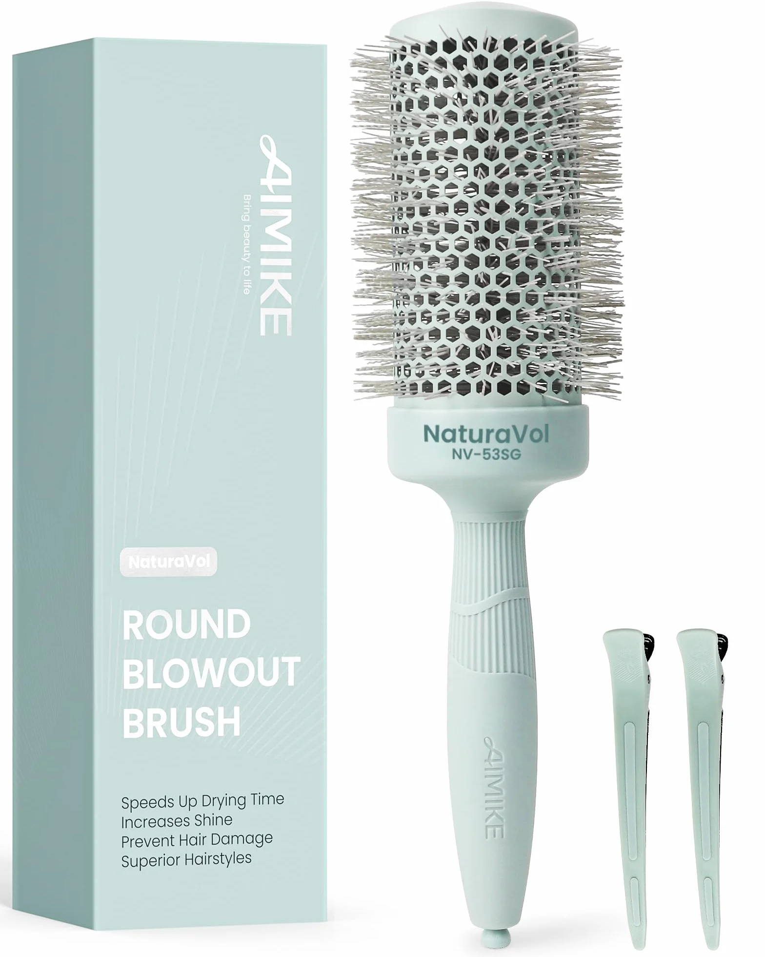 AIMIKE Grosse Brosse Ronde Brushing 53mm Pour Cheveux Longs, Brosse Cheveux Brushing Professionnel Avec Poils Nylon Bi-Forme Et Manche Antidérapant, Séchage Rapide, Lisse Et Volumineux