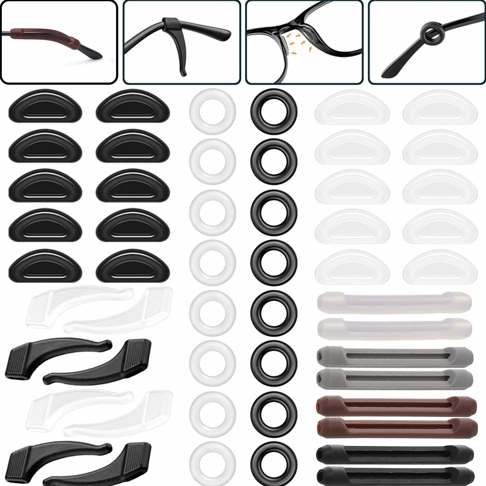 Retenues de Lunettes en Silicone 26 Paires, Supports Protecteurs Anti-Dérapants, Embouts de Crochet, Coussinets de Nez pour Lunettes de Soleil