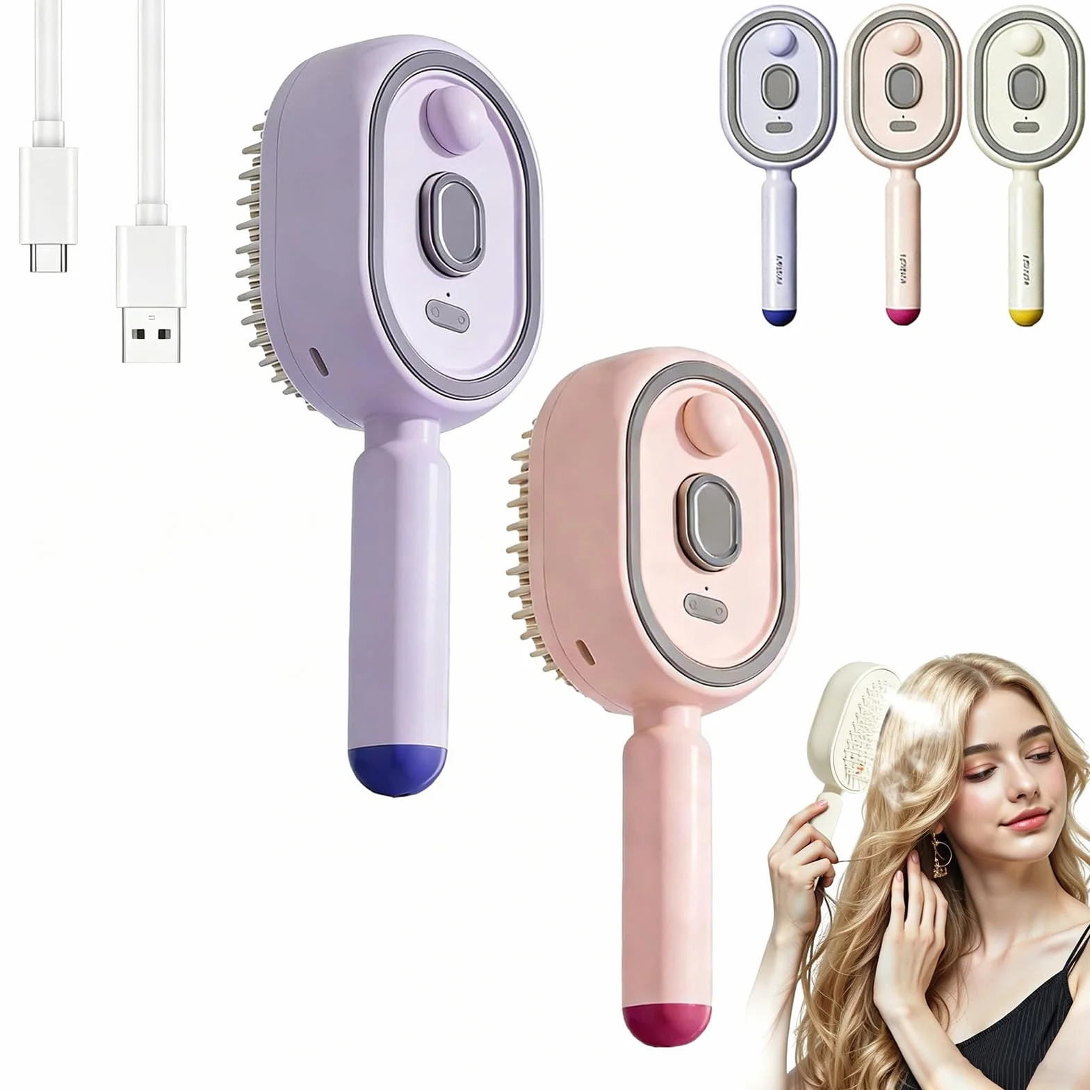 Brosse Lissante pour Cheveux à Vapeur – 5-en-1 Rechargeable sans Fil, Peigne Massage à Coussin d'Air et Spray Électrique, Anti-Frisottis, pour Lissage à Domicile et Voyage (B*C)