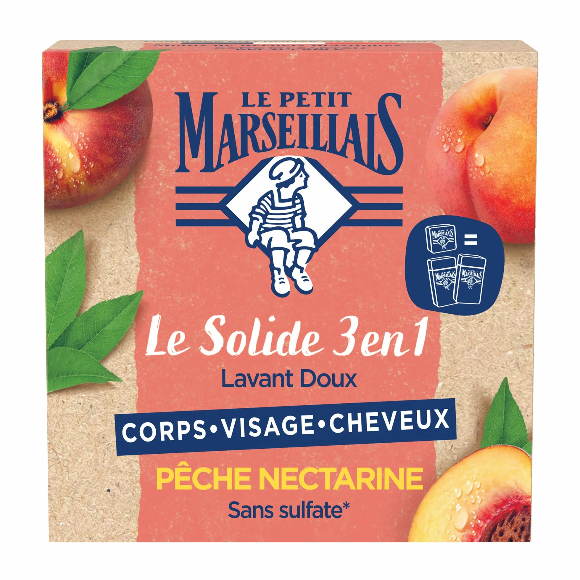 Le Petit Marseillais Le Solide 3 en 1 Lavant Doux Pêche Nectarine Savon solide corps visage cheveux sans sulfate équivalent 2 flacons gel douche