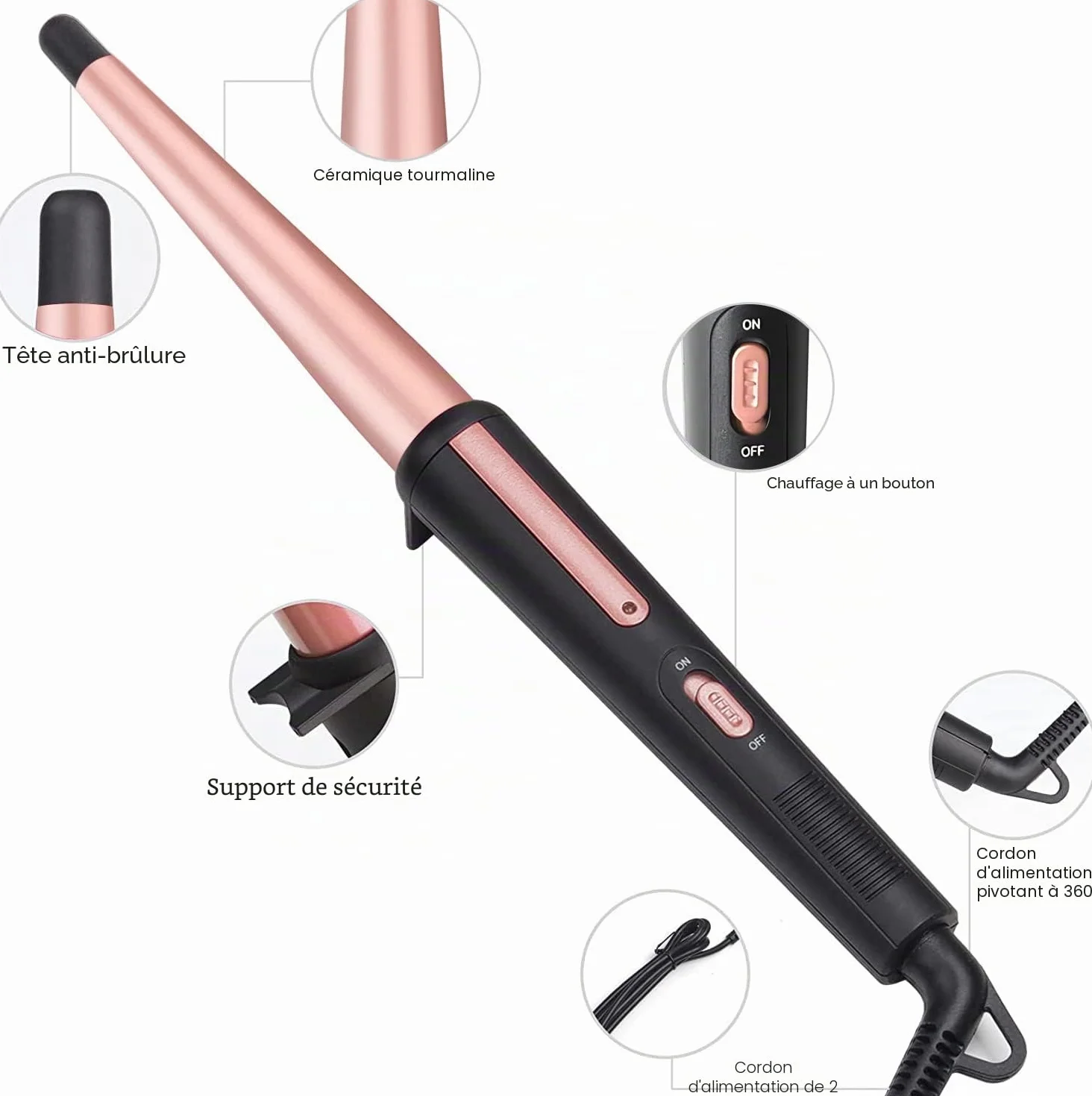 Boucleur à cheveux professionnel 25mm conique céramique avec gant résistant à la chaleur JAETON