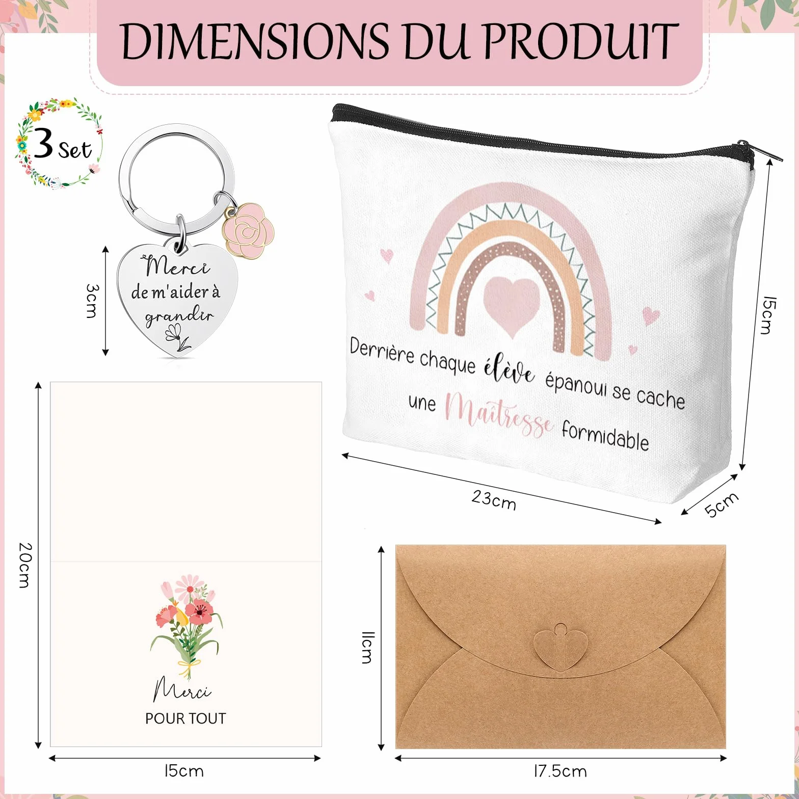 Hestya 3 Sets Cadeaux Merci pour Maîtresse d'École Trousse de Maquillage Enseignant Porte-Clés avec Gravure Pochette Cadeau de Remerciement Carte avec Enveloppe pour Professeur Fin d'Année Graduation