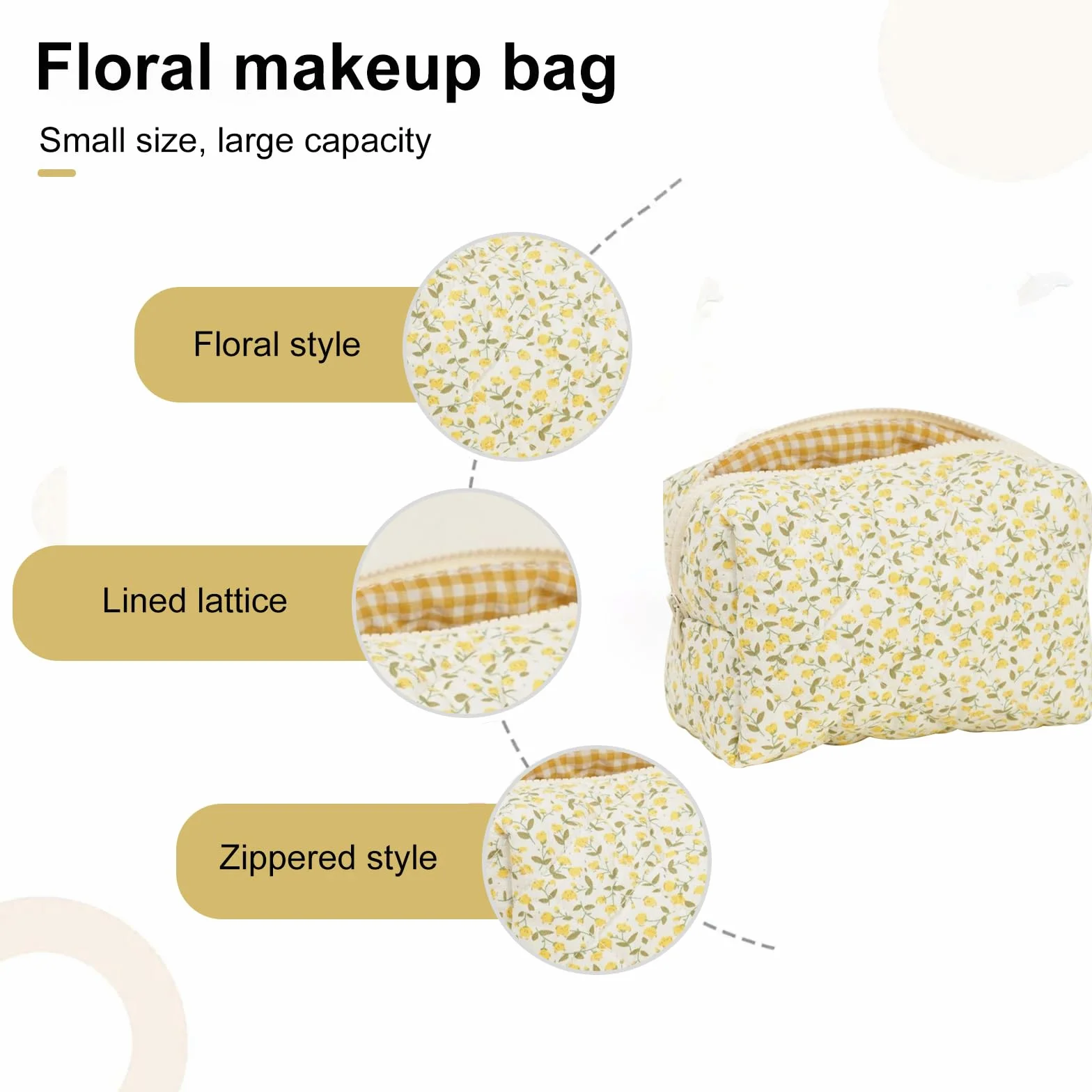 Trousse de maquillage matelassée florale en coton doux, jaune