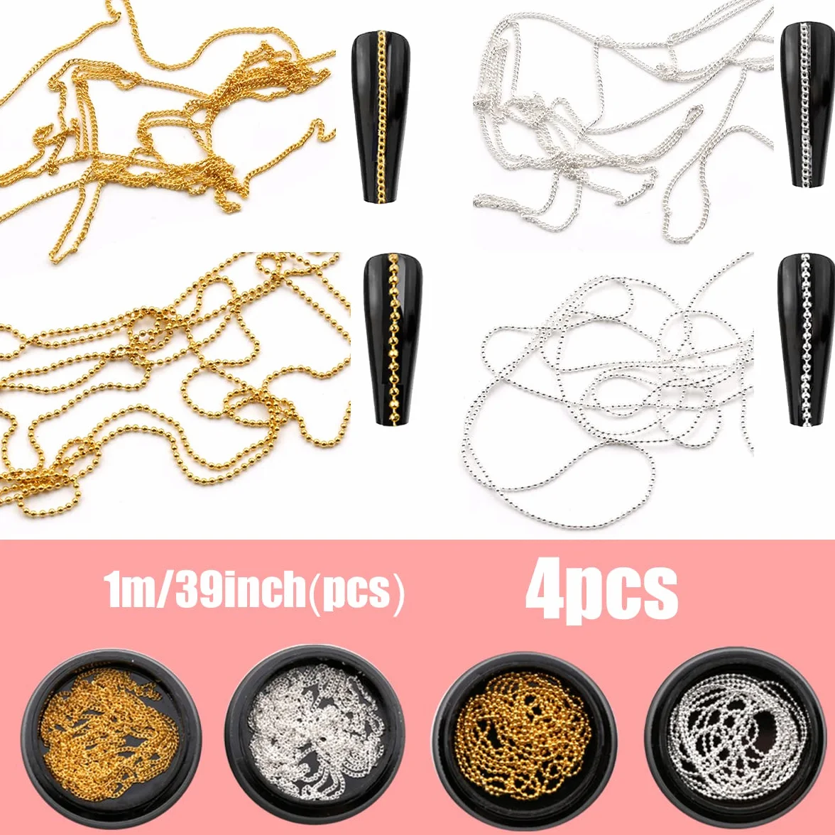 Lot de 4 chaînes à ongles métal doré argenté 1 m, pendentifs 3D nail art