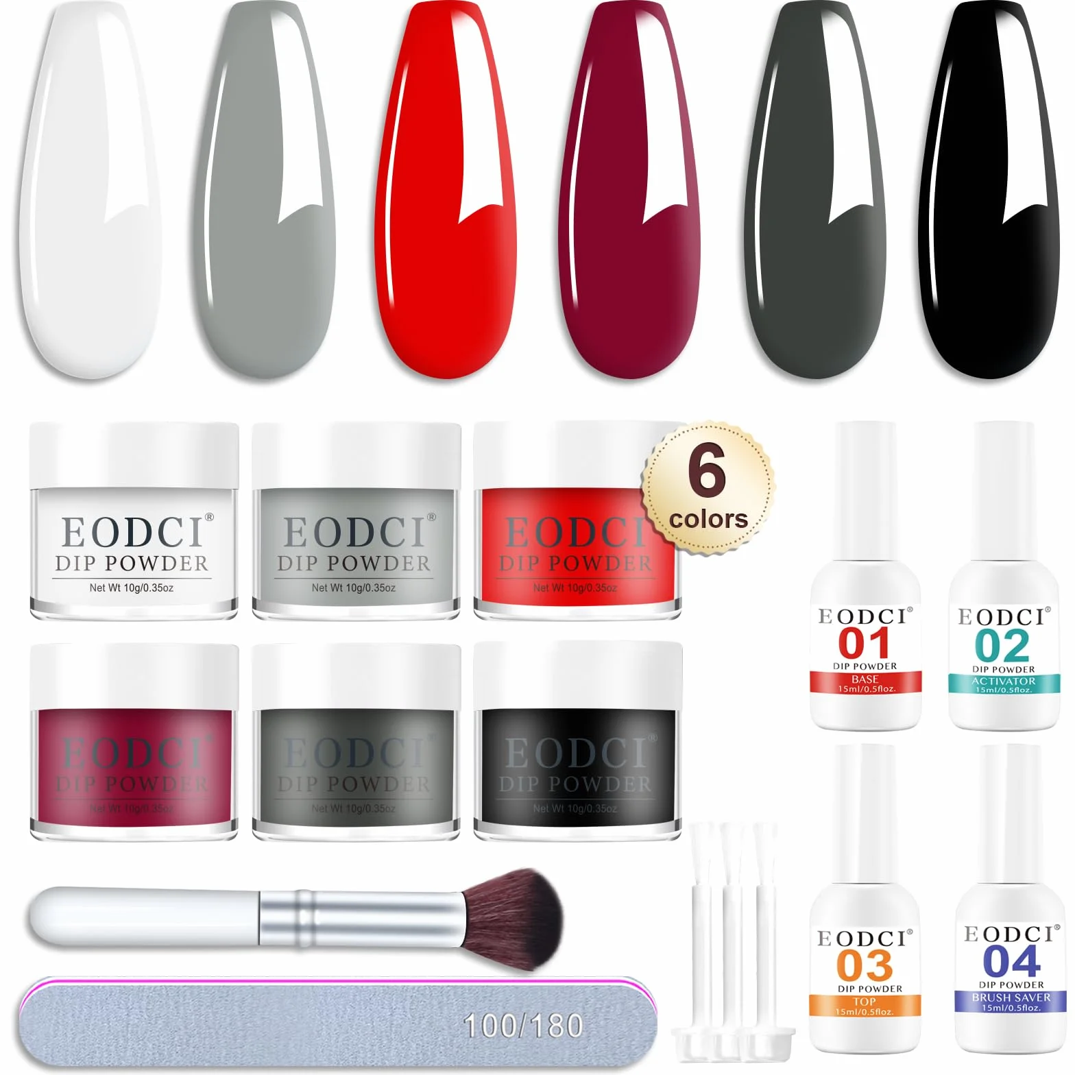 Kit de Poudre à Ongles 12 Pièces 6 Couleurs Noir Blanc Paillette Acrylique avec Base Finition Activateur Pinceau Manucure