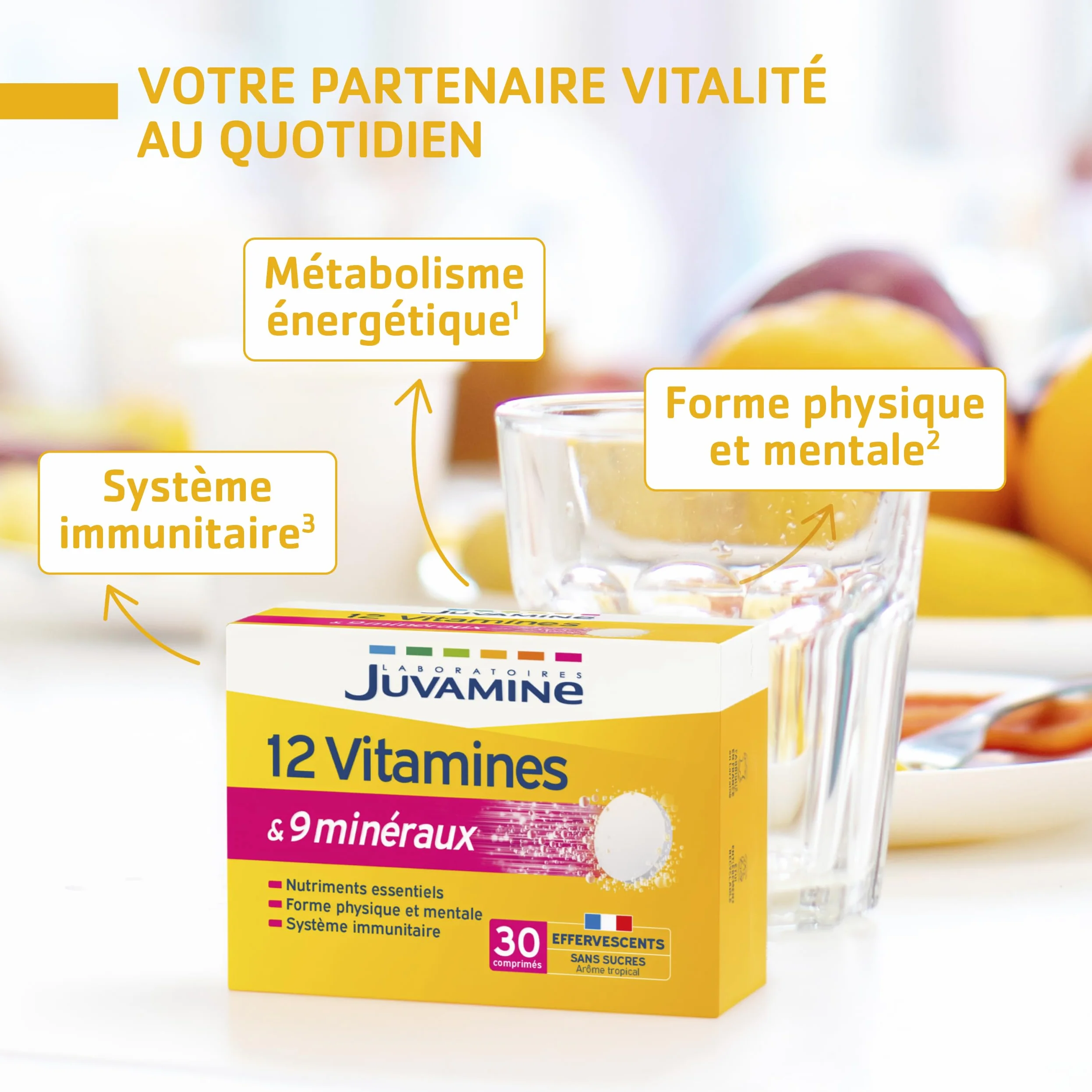 Juvamine 12 Vitamines & 9 Minéraux Effervescents Fatigue Stress Métabolisme Énergétique Immunité 30 Comprimés Arôme Tropical Fabriqué en France