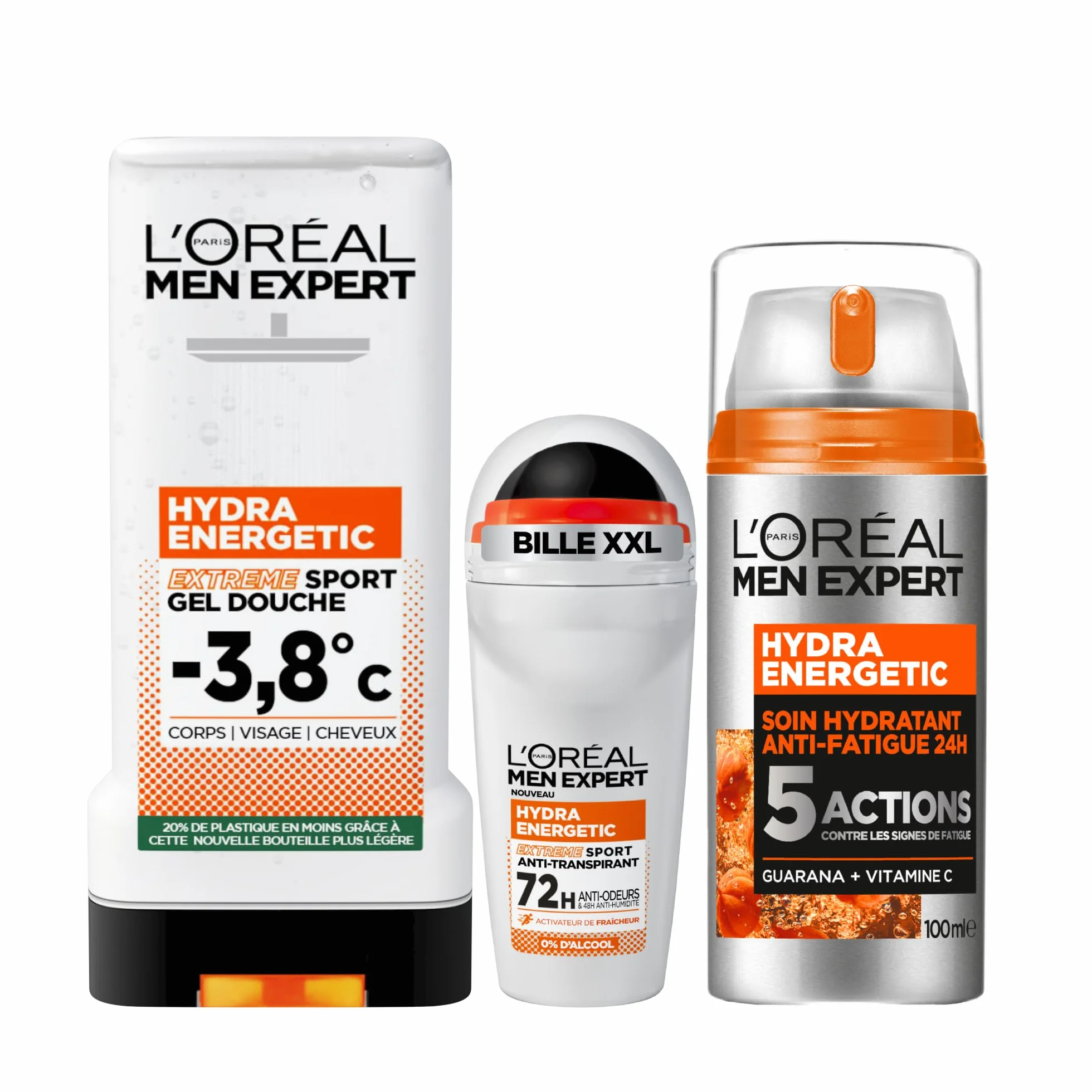 L'Oréal Paris Men Expert Hydra Energetic Kit Complet Anti-Fatigue Homme Soin Visage 100ml Gel Douche Sport 300ml Déodorant 72h 50ml