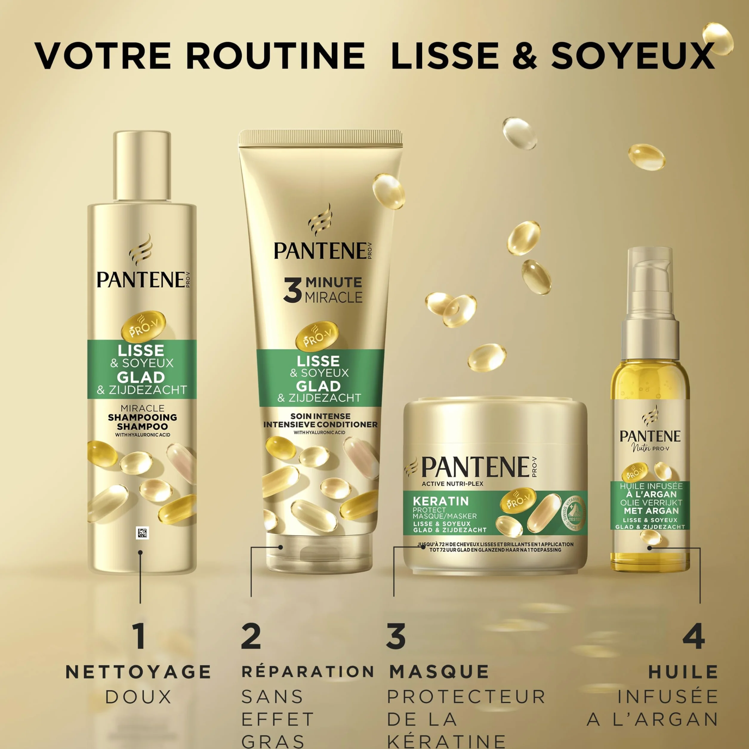 Pantene Pro-V Lisse & Soyeux Masque Keratin Protect 300ml Cheveux Frisés Secs 72h Lisses Brillants