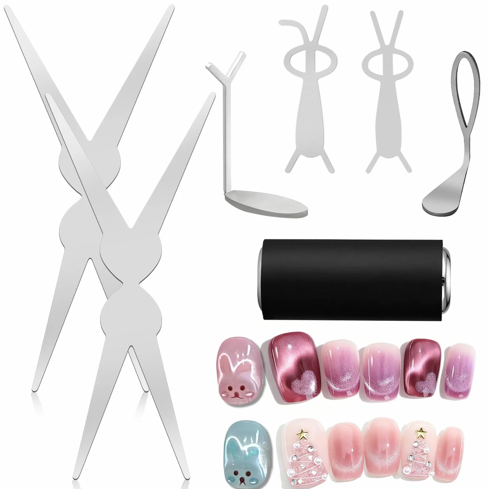 Lot de 7 aimants œil de chat pour vernis gel, kit professionnel nail art avec aimant cylindrique, forme O, ciseaux français, cœur et aimants lapin
