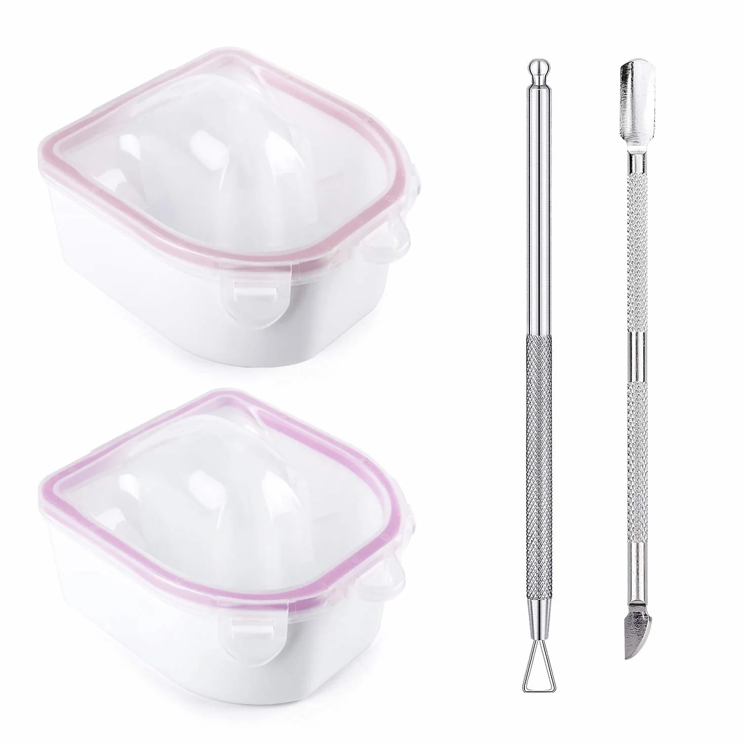 Bol De Trempage Des Ongles 2 Pièces avec Poudre Démaquillant, Triangle Cuticule Peeler Acier Inoxydable Rose