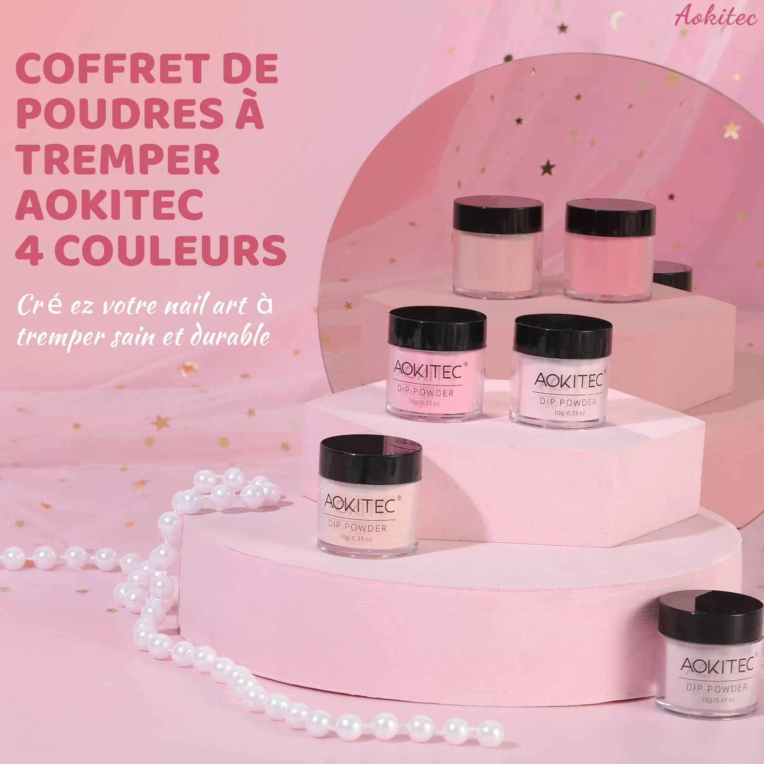 Aokitec Pink Series Lot de 4 poudres de trempage sans lampe longue durée sans odeur