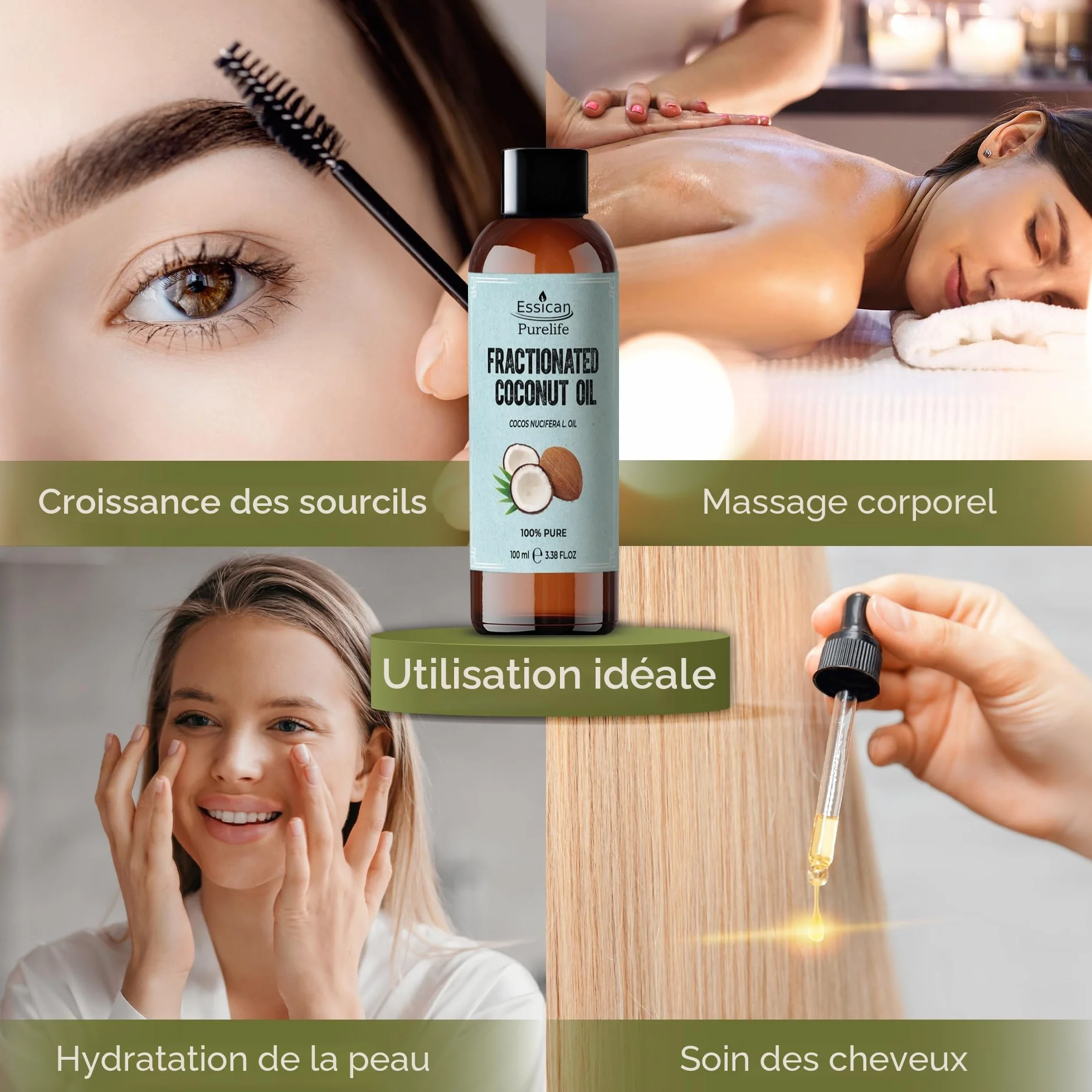 Huile de Coco Pure Liquide 100ml MCT Fractionnée Peau Cheveux Lèvres