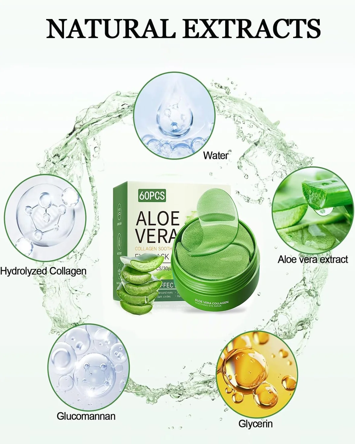 Masque pour les yeux à l'aloe vera 60 pièces, patch anti-cernes et poches, raffermit la peau