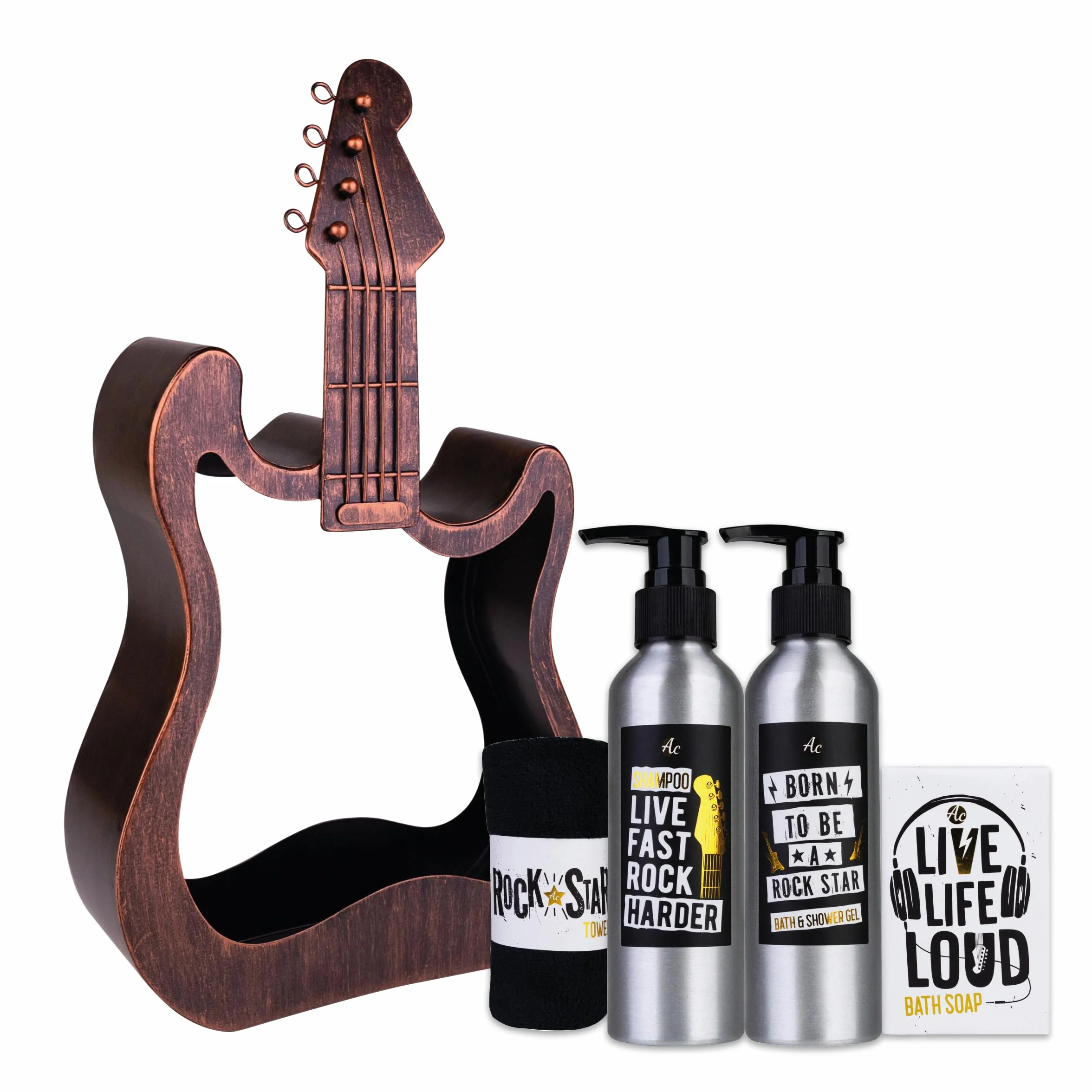 Accentra coffret cadeau homme, set soin corps guitare métallique, gel douche, lotion corps, savon, serviette, parfum bois de santal, idée cadeau originale pour anniversaire, amateurs de musique