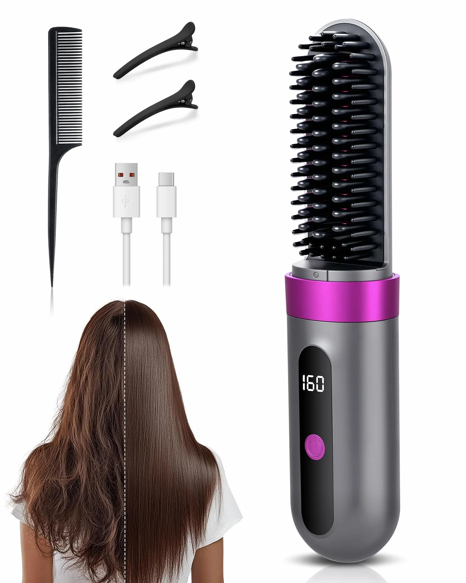 Brosse à lisser sans fil avec batterie, brosse lissante ionique 160–200 °C, 3 niveaux de température, écran LED, brosse à lisser en céramique USB-C, portable pour voyage et coiffage