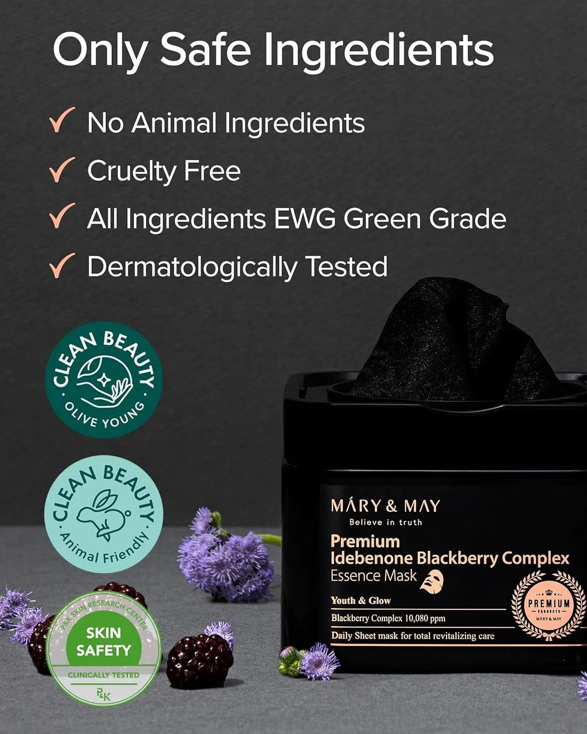 Mary&May Masque Essence Premium à l’Idébénone et à la Mûre | Masque Visage Coréen Anti-Âge à Distributeur Rapide | Vitamine C, Panthénol et Céramide, 20 Feuilles/250g