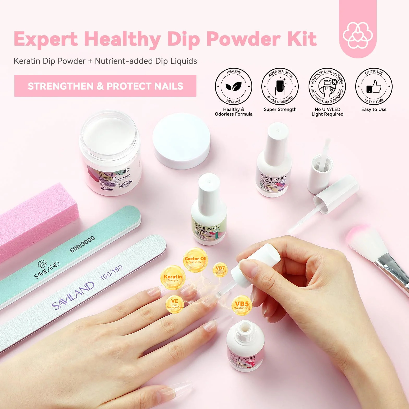 Saviland Kit Complet de Dipping Powder 60g Poudre Claire avec Liquide pour Trempage Manucure Ongles
