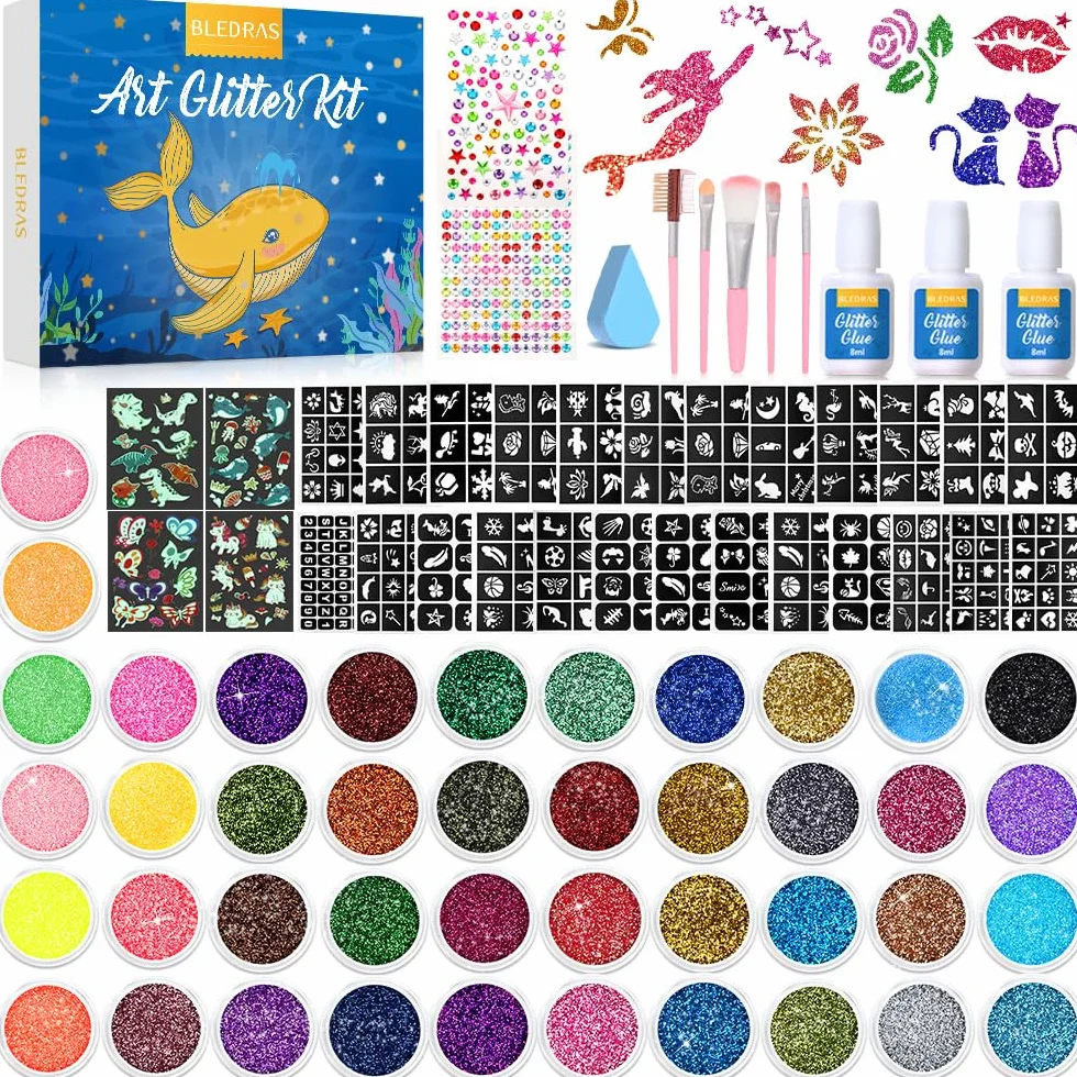 Bledras Kit Tatouage Paillettes Enfant, 42 Couleurs Imperméable Tatouage Temporaire à Paillettes, 210 Pochoirs, 5 Pinceaux, 3 Colles, Coffret Cadeau Fille, pour Anniversaire Carnaval Cosplay Fête