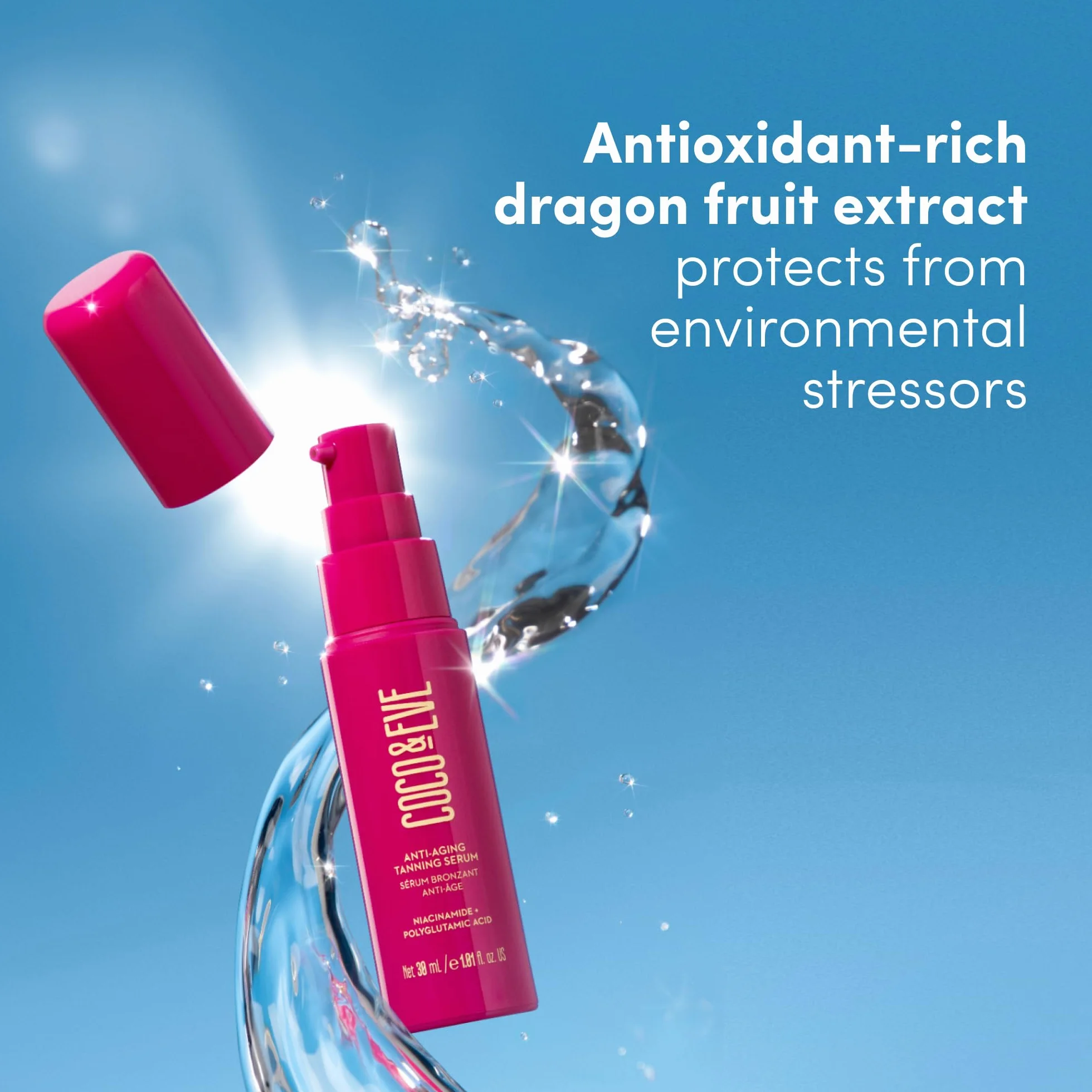 Sérum bronzant anti-âge Coco & Eve. Soin du visage actif pour un éclat hydratant progressif. Poudre autobronzante naturelle, avec niacinamide et antioxydants pour une peau éclatante de santé (30 ml)