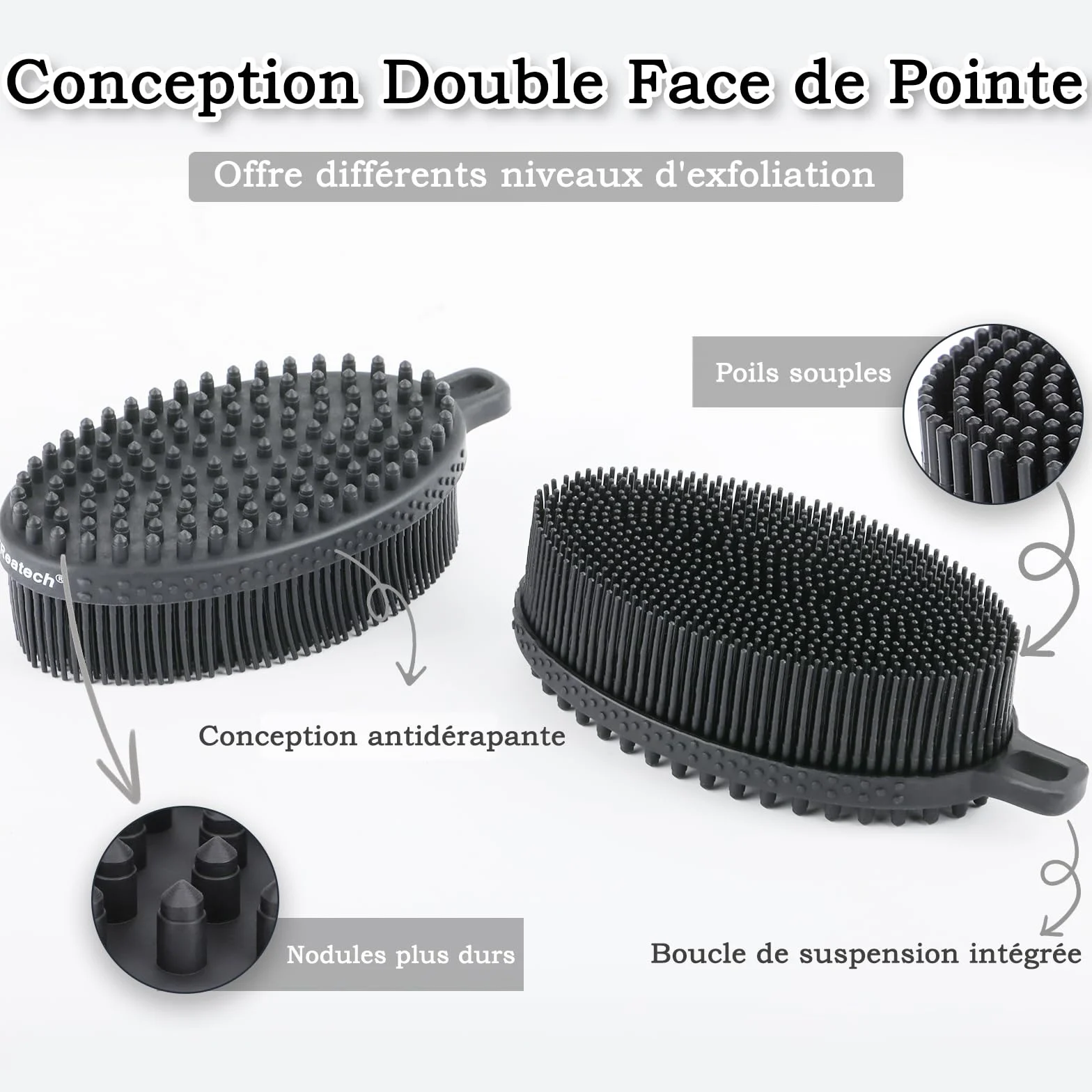 FREATECH Brosse Corps Silicone 2 Faces Bain Douche Exfoliation Massage Noir