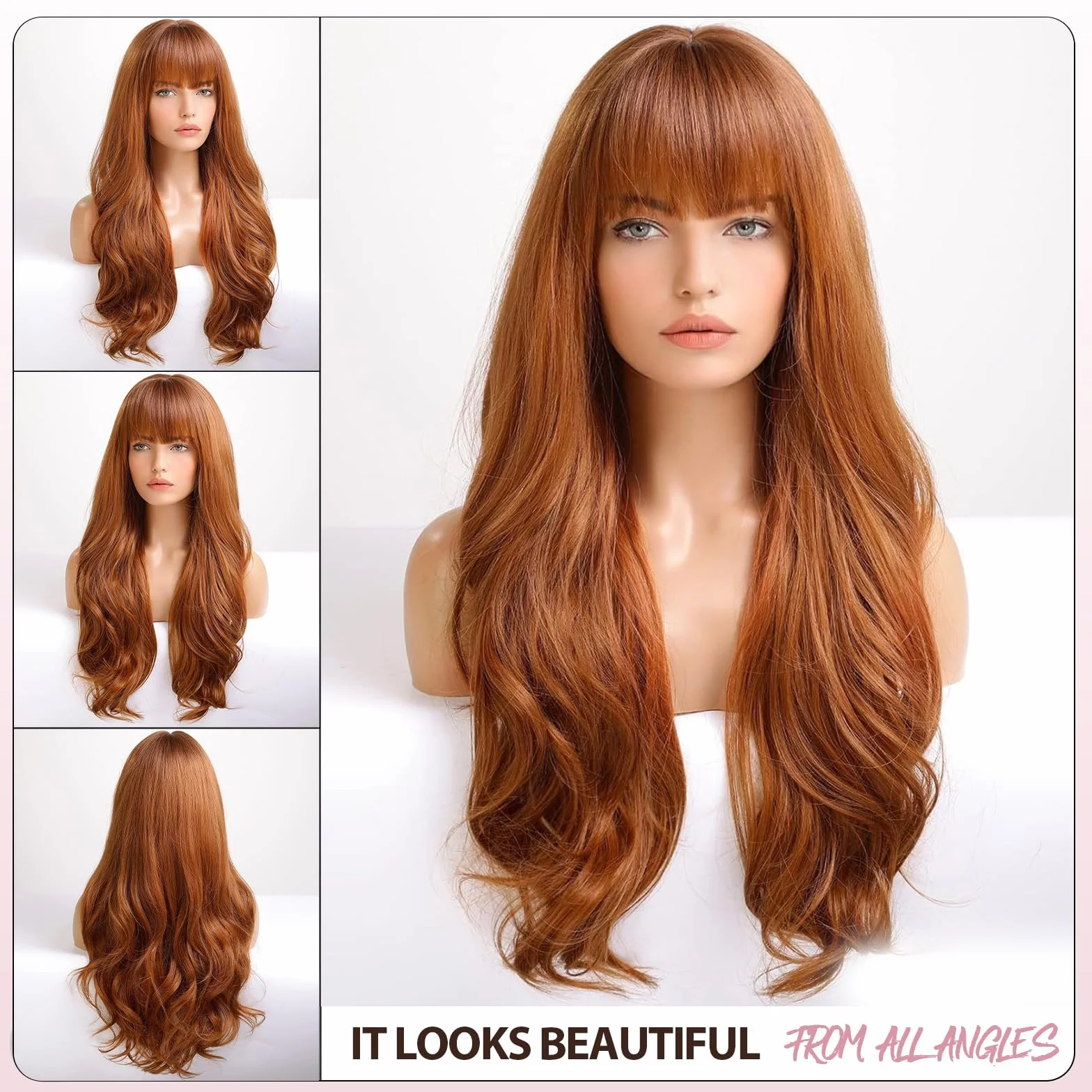 EMMOR Perruques Ombré Auburn pour Femmes Perruque Longue et Bouclée avec Frange en Fibres Synthétiques Résistantes à la Chaleur Perruques Quotidiennes d'Aspect Naturel