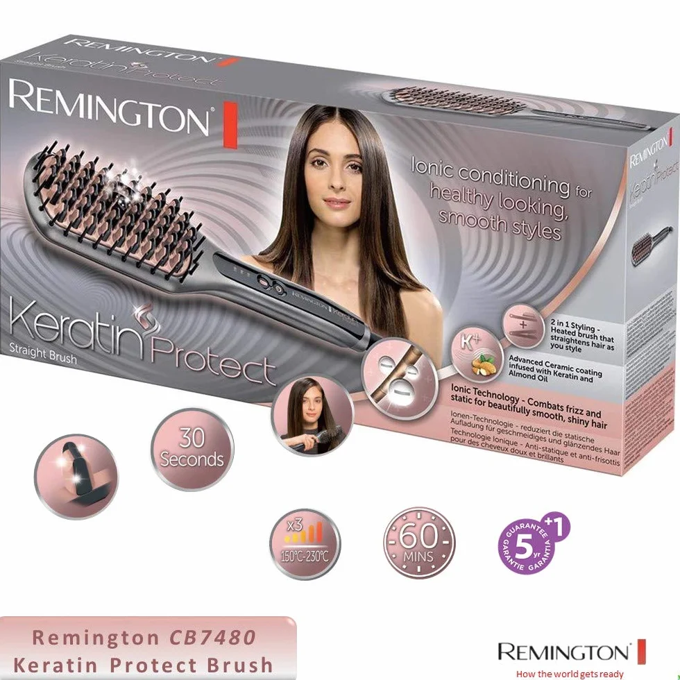 Remington Brosse Lissante Ionique 2en1 Lisseur & Brosse à Cheveux Keratin Protect Céramique 150-230° Fer à lisser CB7480