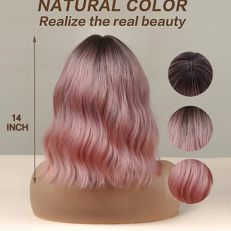 Esmee 14 Pouces Court Ndulée Ombre Rose Bob Perruque avec Franges Naturelle Synthétique Heat Resistant Perruques pour les Femmes avec des Racines Sombres pour la fête Quotidienne Cosplay Portez