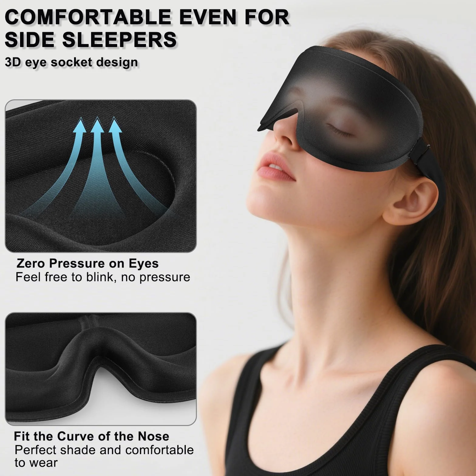 Masque de Nuit 3D Anti-Lumière Respirant, Élastiques Réglables Noir
