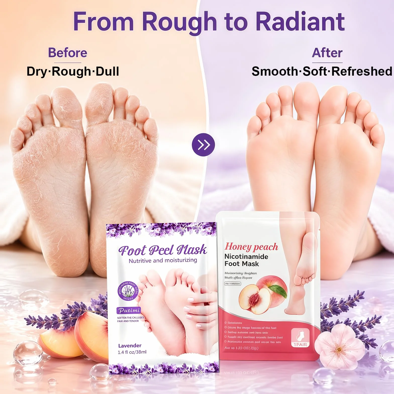 Masque Pied Peeling 2 Paires, Masque Hydratant pour Les Pieds, Soins Pieds, Pêche et Lavande