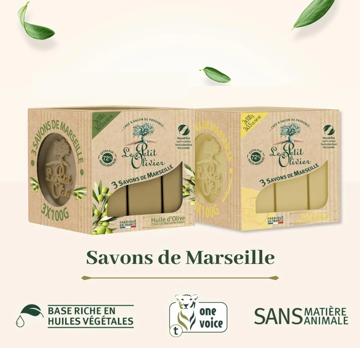 LE PETIT OLIVIER 3 Savons de Marseille Glycérine Parfum Grasse Fabriqué en France 3x100g