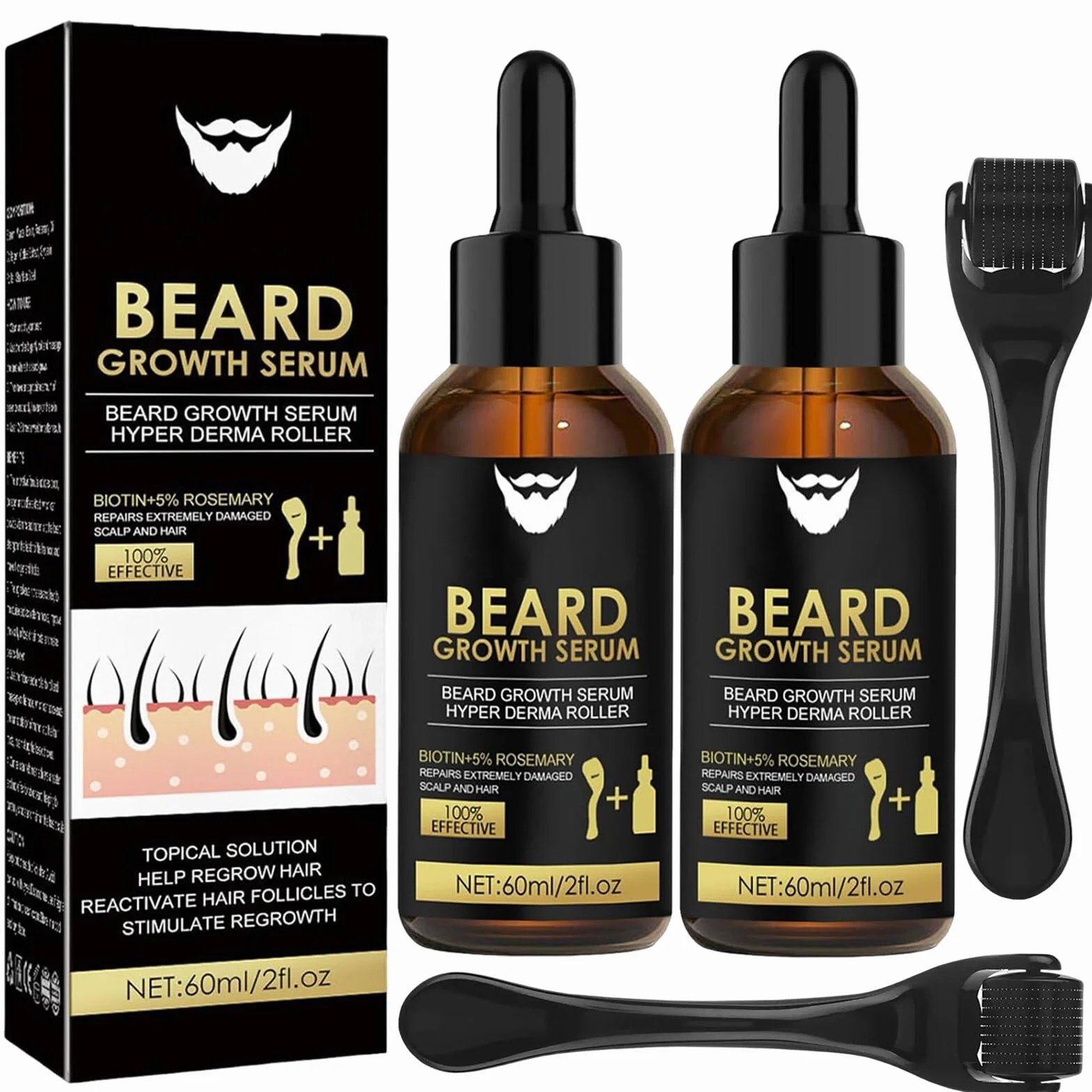 Huile de Croissance de Barbe avec Rouleau, Kit 2 Pièces pour Homme