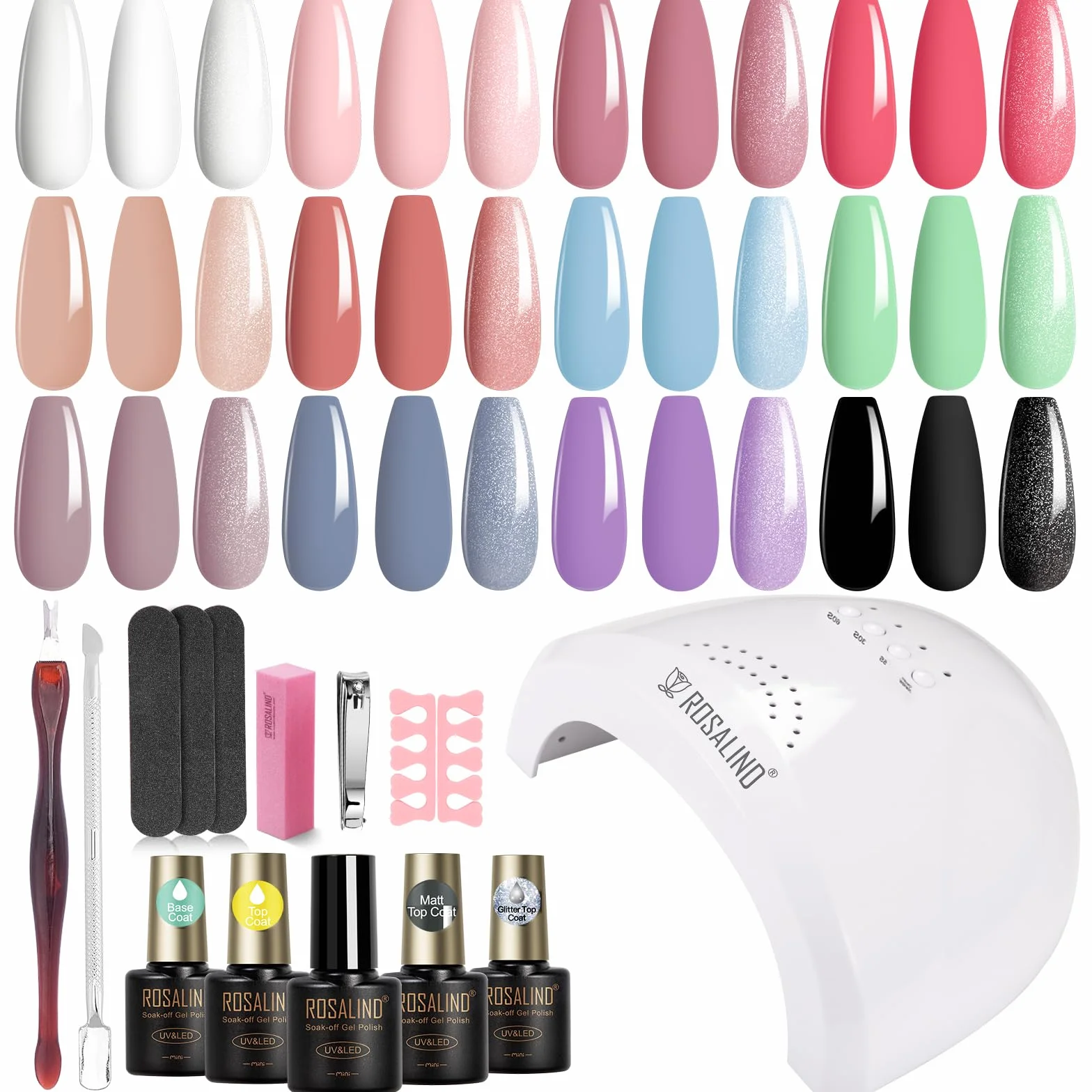 ROSALIND Kit Vernis Semi Permanent avec UV LED Lampe, 12+4 PCS Blanc Rose Bleu Vert Violet Couleurs Vernis Gel, Kit Ongle Gel UV Manucure Cadeau pour Débutant Démarrage