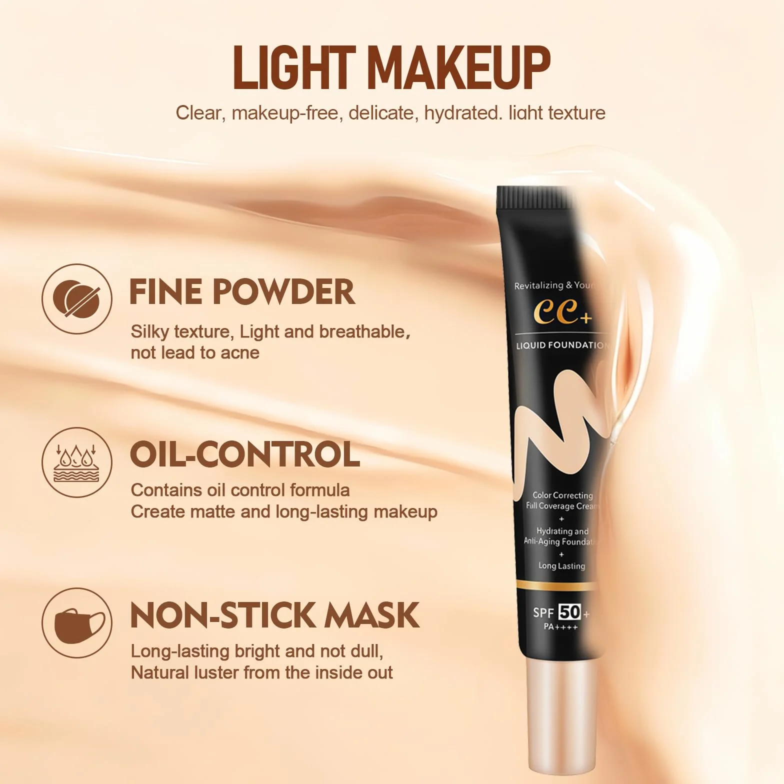 Crème CC SPF 50 Fond de Teint Couvrant pour Peau Parfaite Protection Solaire Haute
