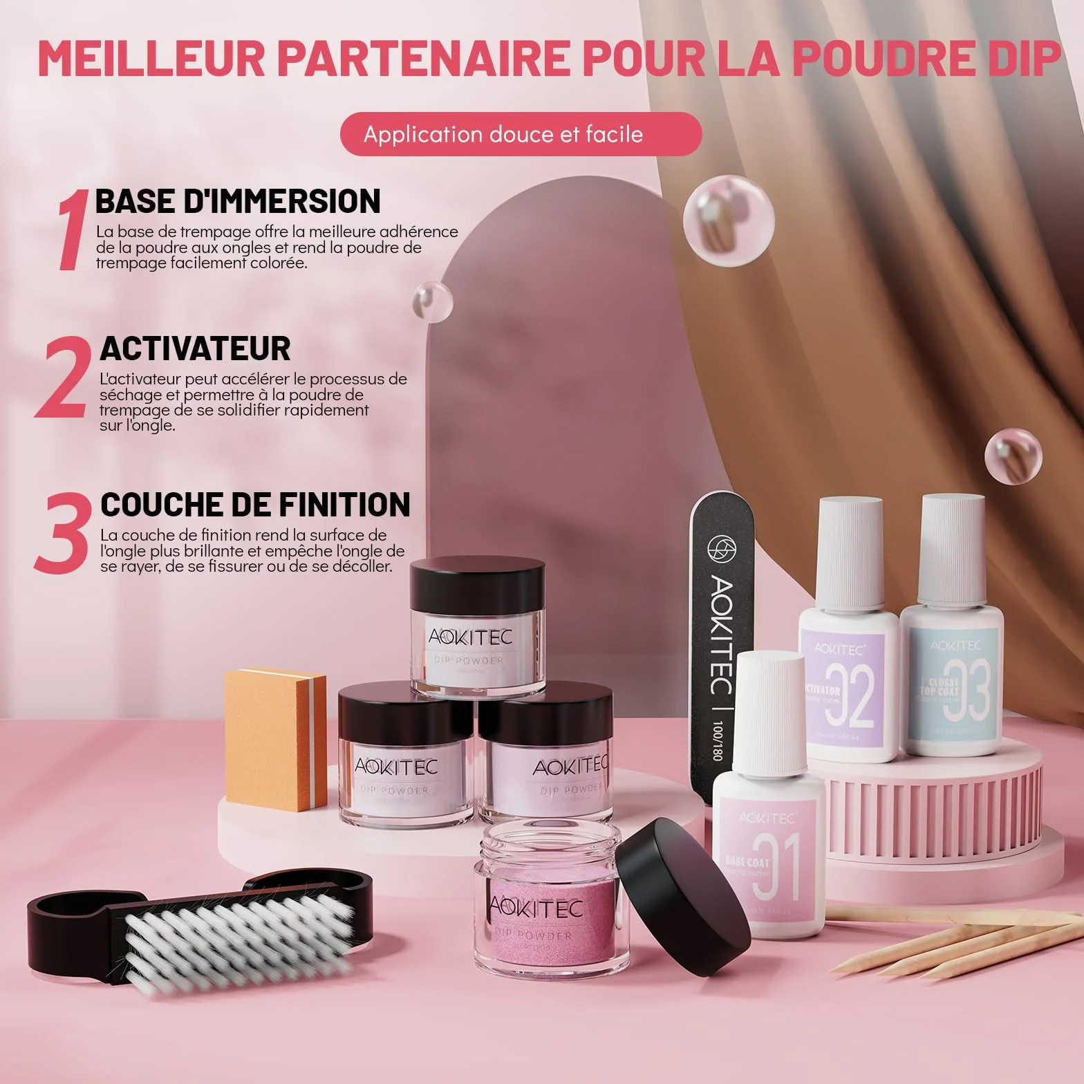 Aokitec Kit de poudre à ongles 4 couleurs, poudre à tremper paillettes blanc rose avec base liquide