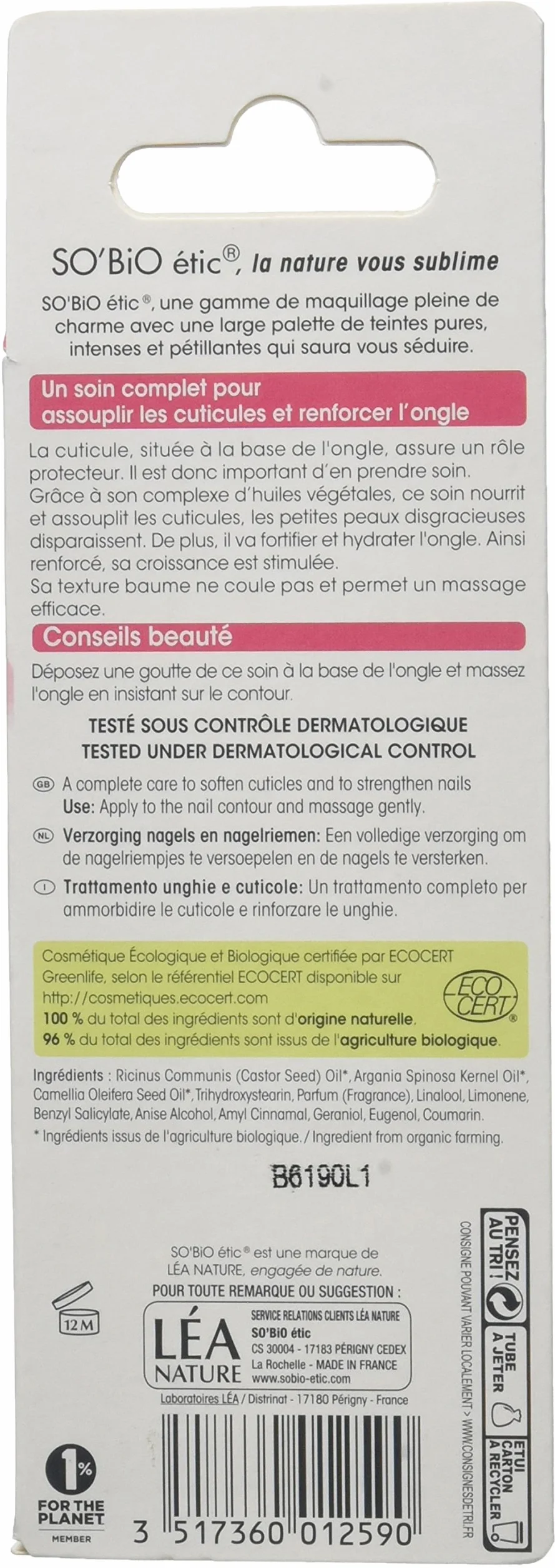 SO'BiO étic Soin Ongles Cuticules Huile de Ricin Bio 15 ml Lot de 2