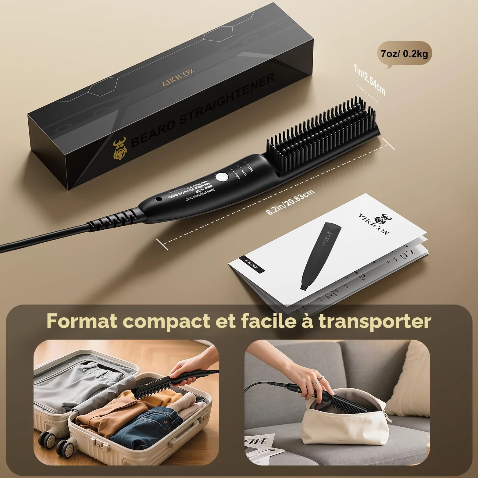 Lisseur Barbe Hommes VIKICON, Mini Lisseur Cheveux Brosse Rapide Des Années 30, Lisseur Chauffant Peigne À Cheveux Ionique Pour Coiffer Une Barbe Longue Et Courts