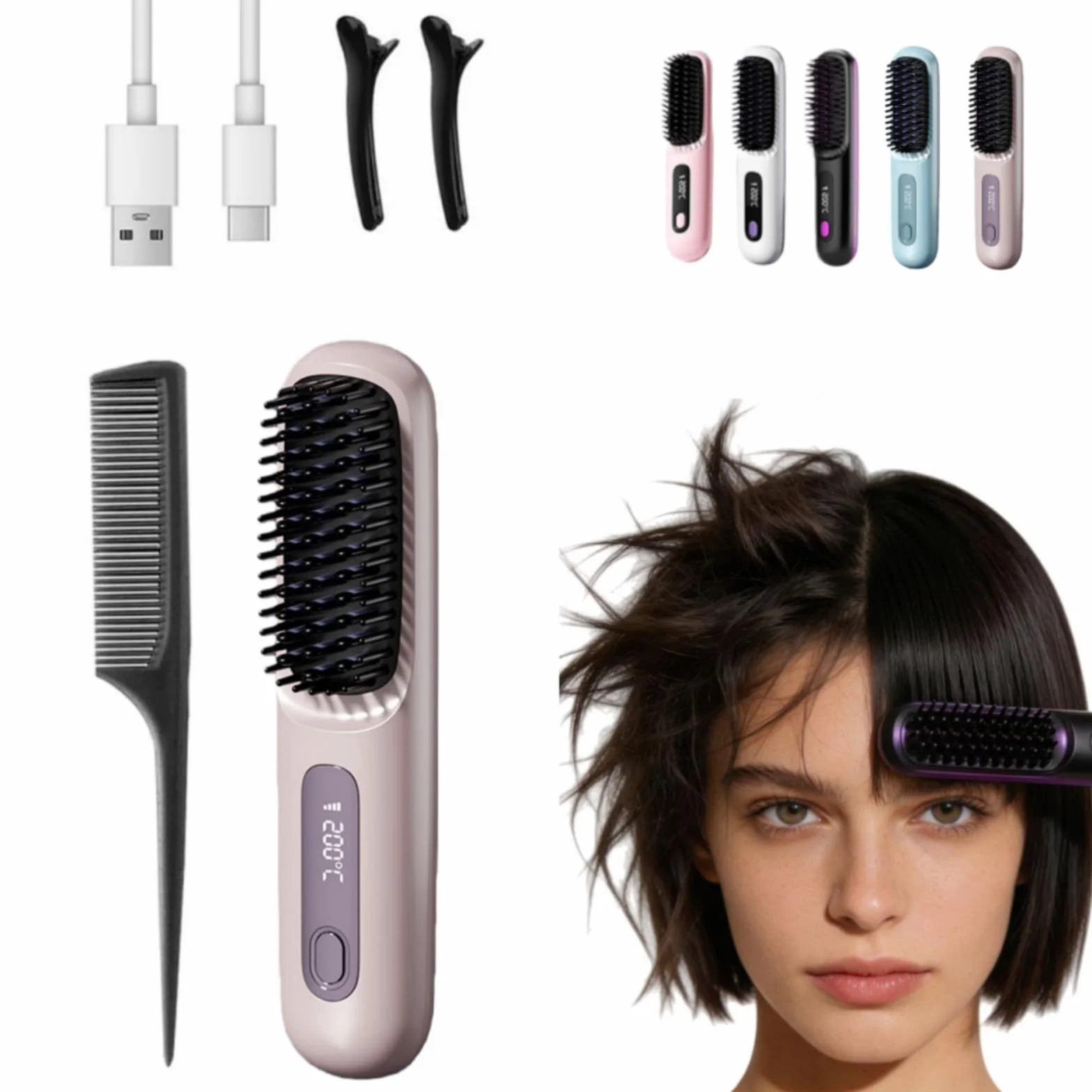 Velora Brosse Lissante Sans Fil Rechargeable USB Mini Peigne Lissant Thermique Portable avec 3 Réglages de Température et Écran LED