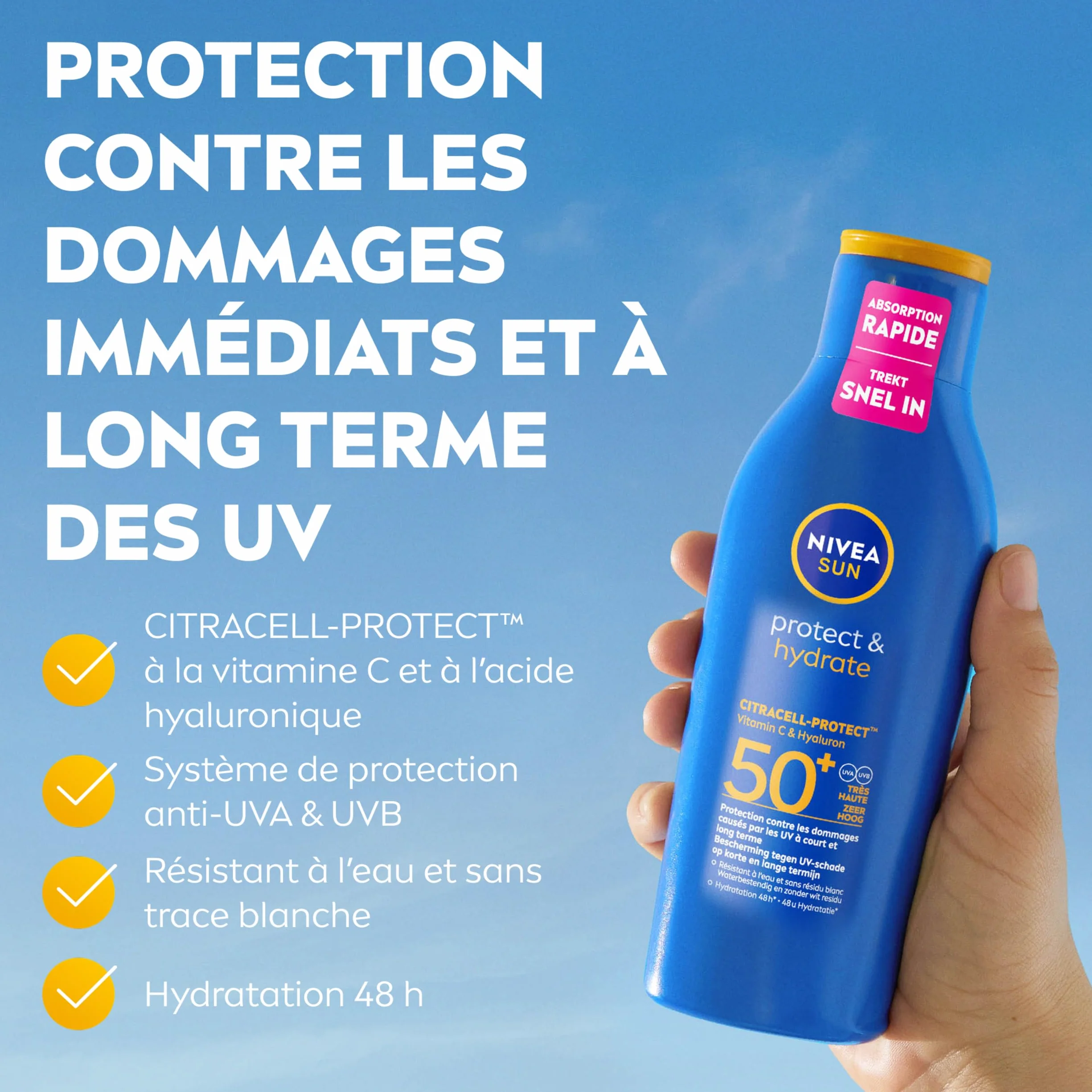 NIVEA SUN Lait Solaire Protect & Hydrate SPF 50+ 400 ml Crème Solaire résistante à l'eau Haute Protection Visage et Corps