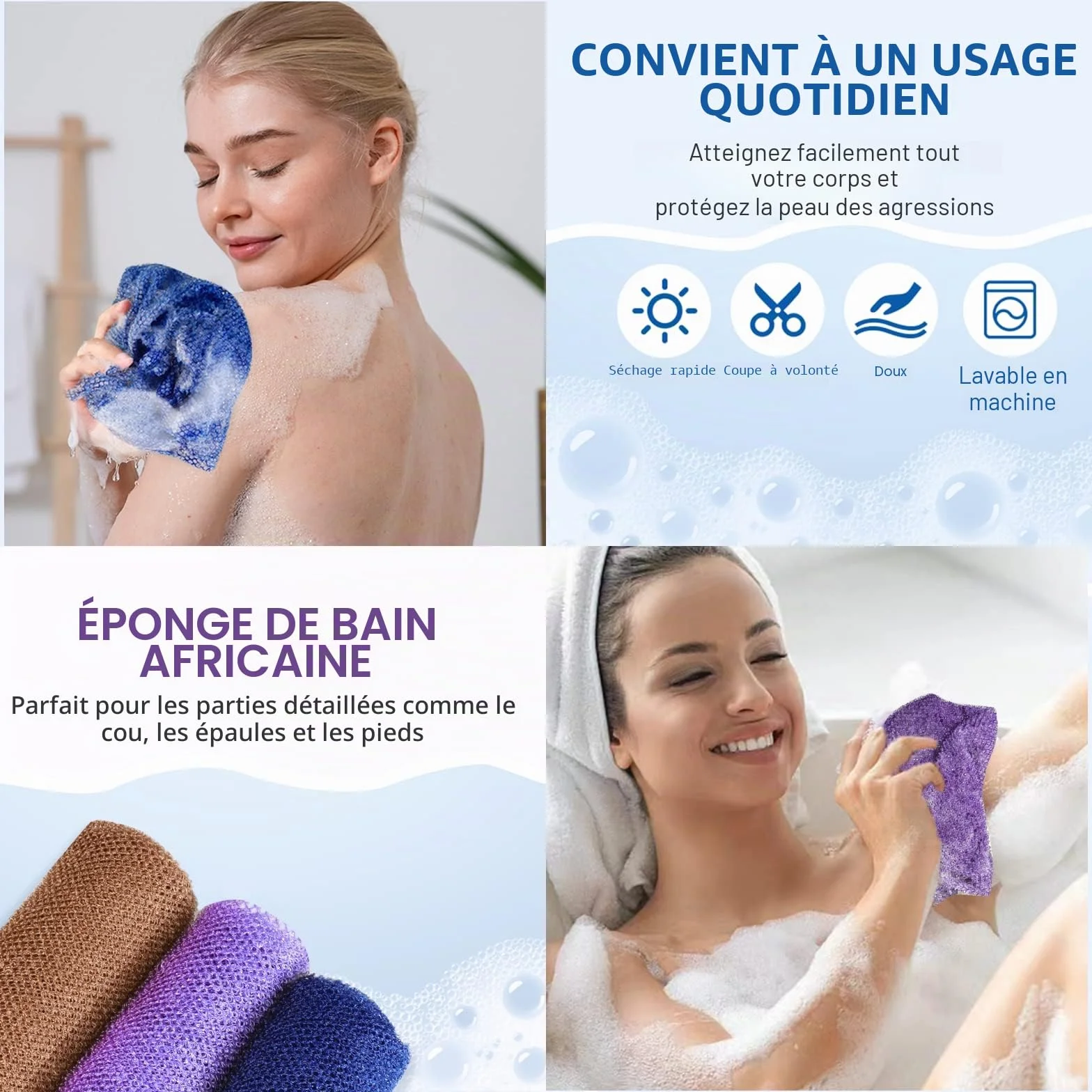 Yiclick 3 Pièces Gant de Toilette Exfoliant Africain, Eponge Douche, Eponge Exfoliante Corps Grande Taille, Gant Douche, Gant Exfoliant Corps Dos, Fleur De Douche Loofah Luffa Bain Brosse