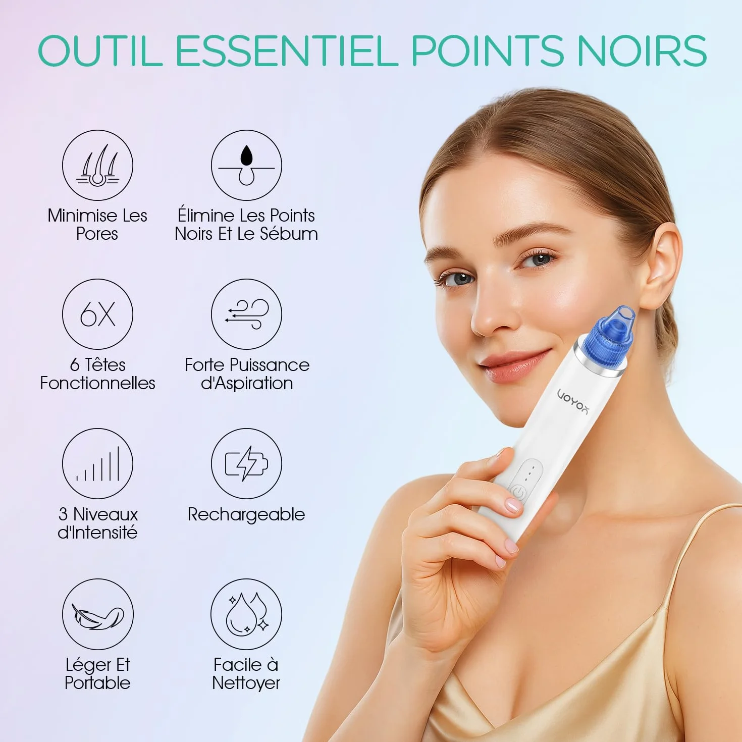 VOYOR 6 en 1 Aspirateur Point Noirs Professionnel Extracteur de Point Noir Electrique Tire Comedons Nettoyant de Pores Soin Visage Femme Blackhead Removal, 6 Sondes et 3 Modes, Rechargeable BR410