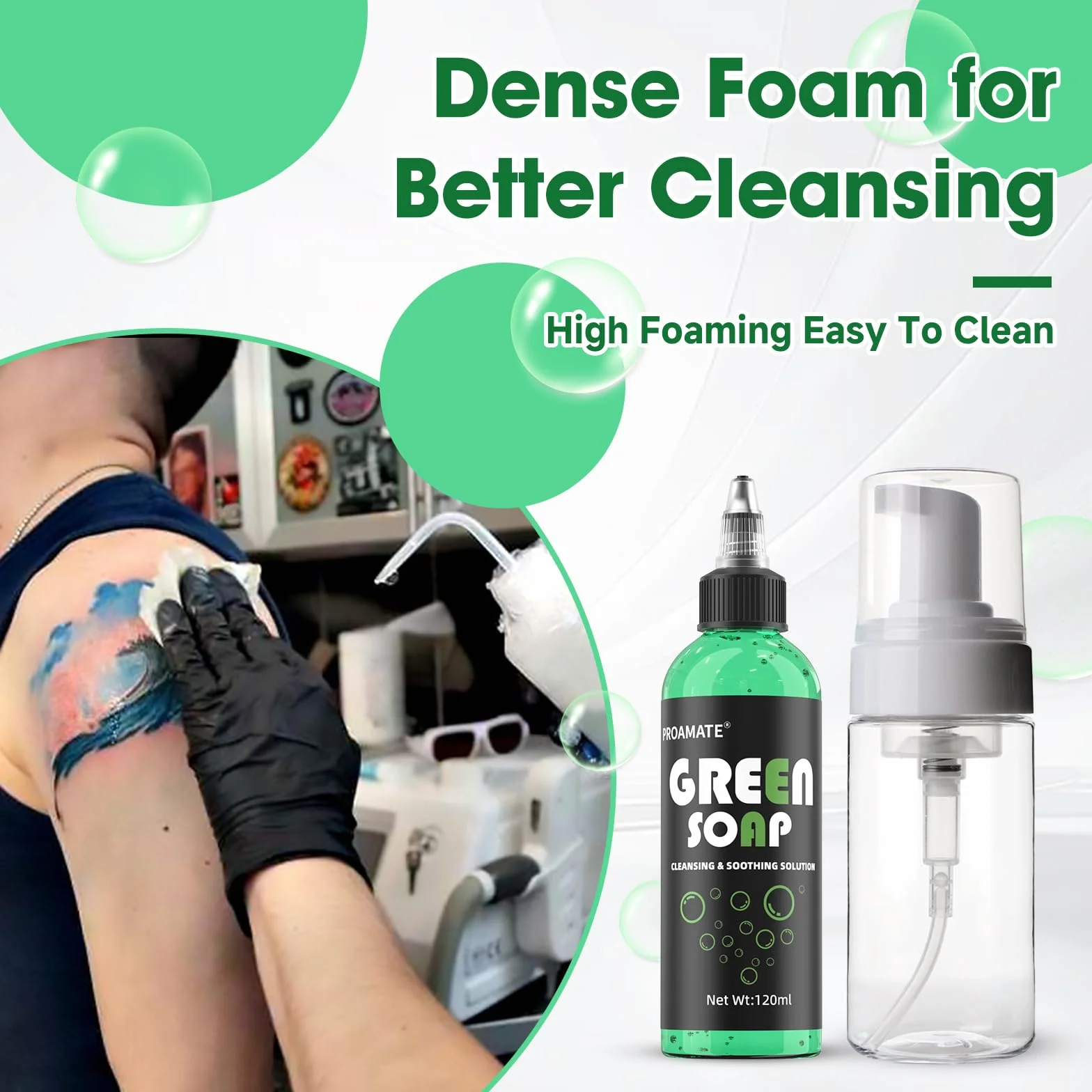 Proamate Savon de tatouage vert 120 ml avec bouteille en mousse fournitures de tatouage