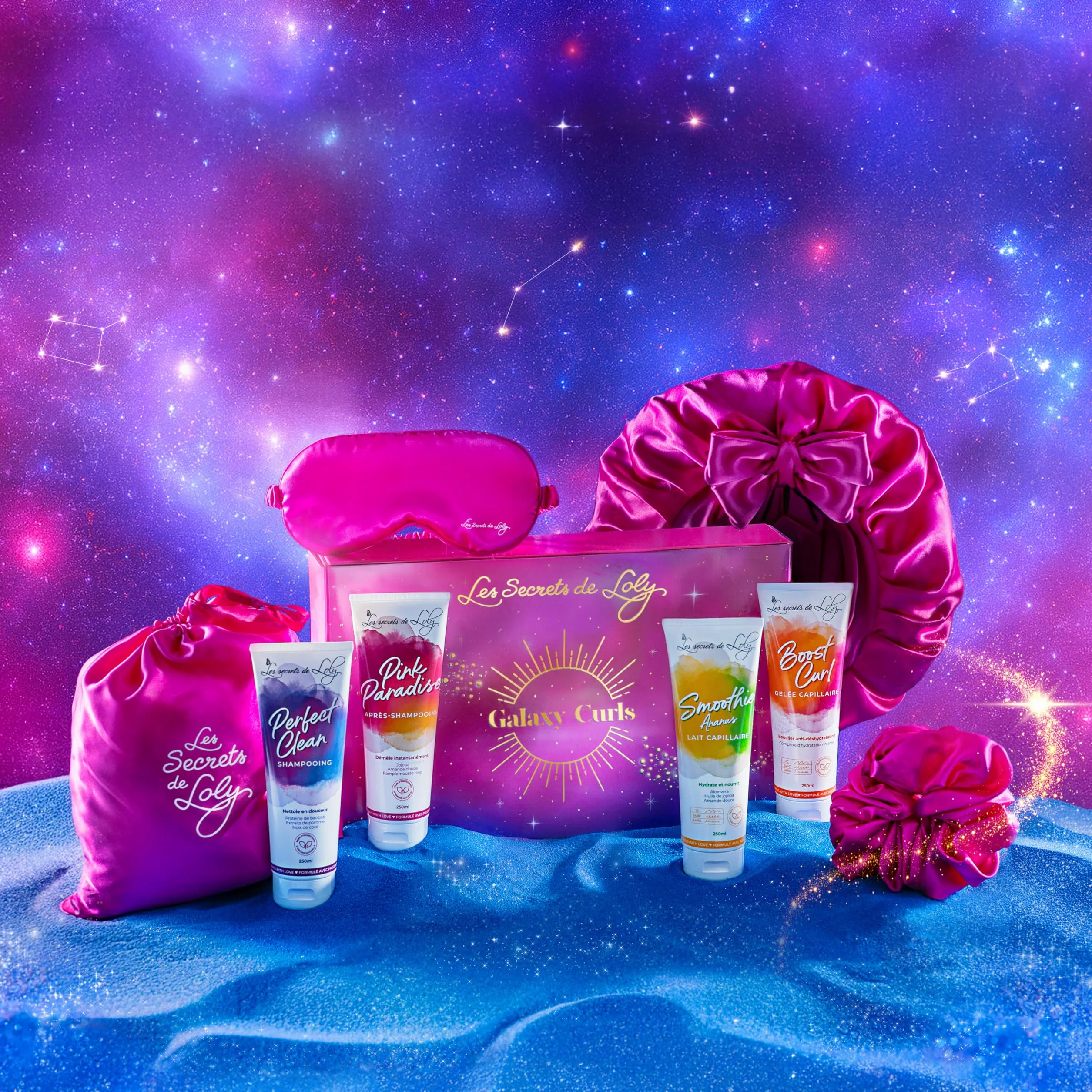 Les Secrets De Loly Coffret de Noël Cheveux Frisés Routine Complète 4 Produits 3 Accessoires Satin Hydratation Nutrition Intense Galaxy Curls