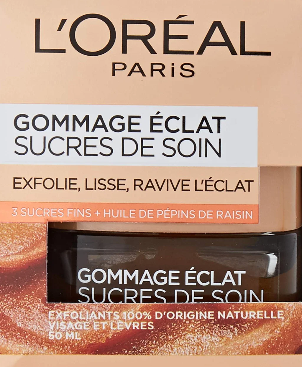 L'Oréal Paris - Soin Gommage Éclat pour Visage & Lèvres - Exfoliant & Lissant - Aux 3 Sucres Fins & Huile de Pépins de Raisin - Tous Types de Peaux - Sucres de Soin - 50 ml